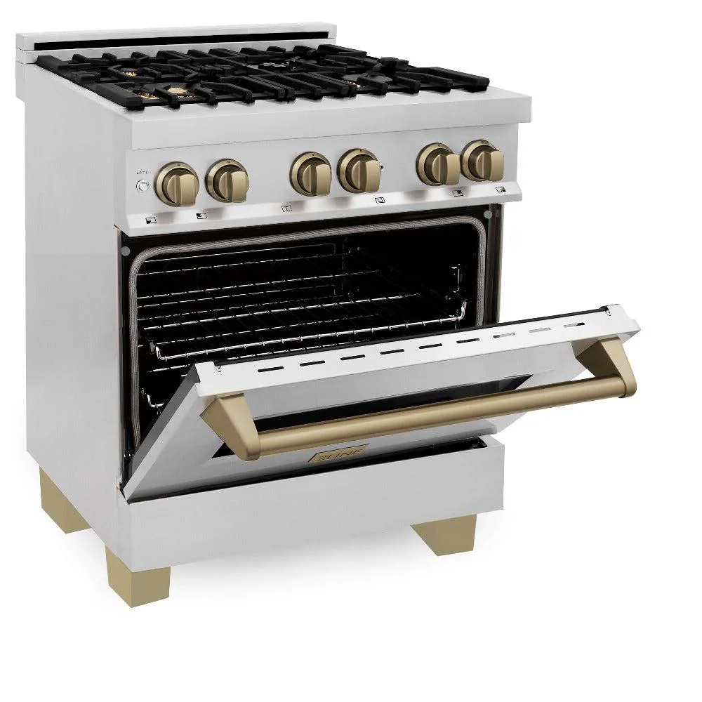 ZLINE 30 in. Autograph Edition Kitchen Package with Stainless Steel Dual Fuel Range, Range Hood, Dishwasher and Refrigeration with Champagne Bronze Accents - Image 4
