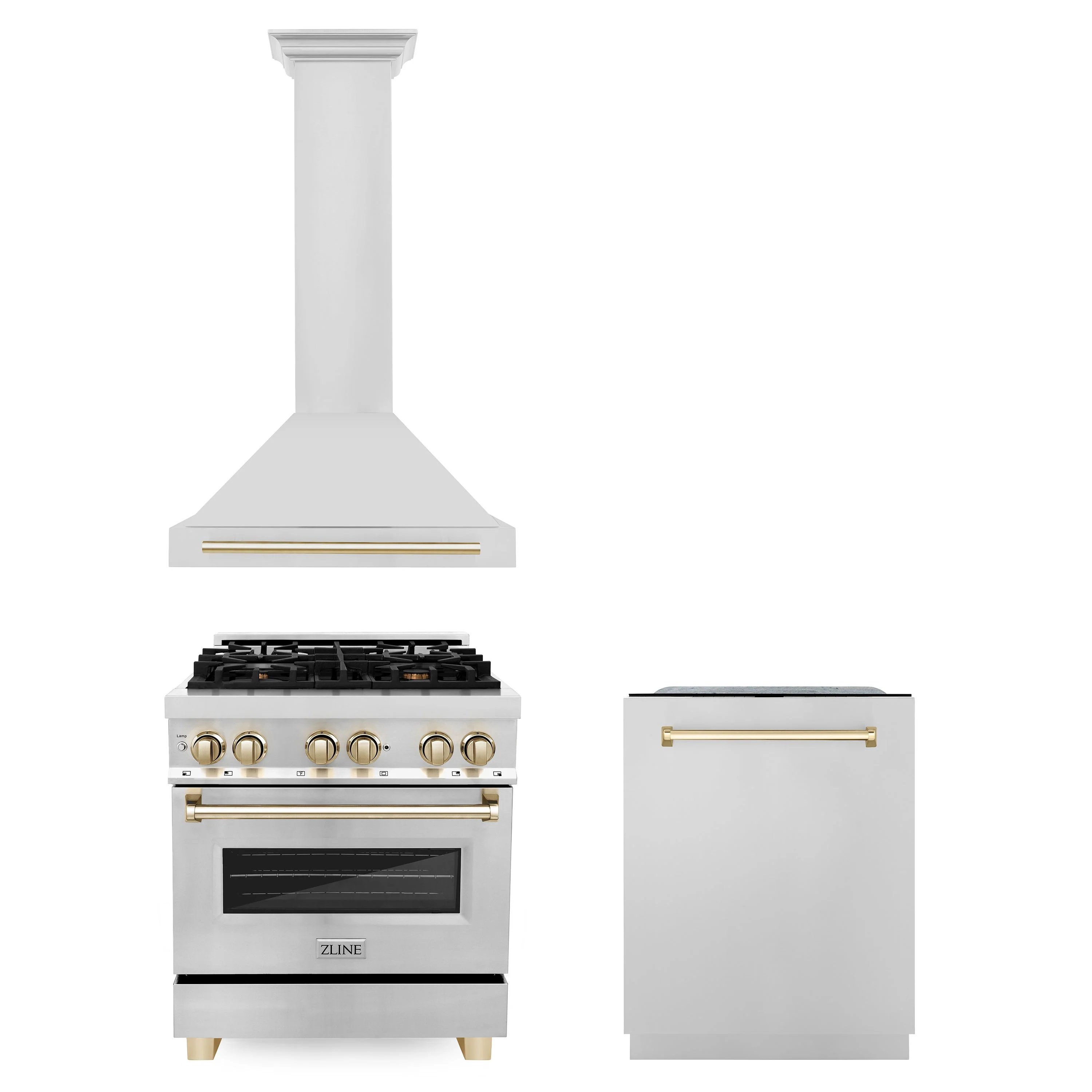 ZLINE 30 in. Autograph Edition Kitchen Package with Stainless Steel Dual Fuel Range, Range Hood and Dishwasher with Polished Gold Accents