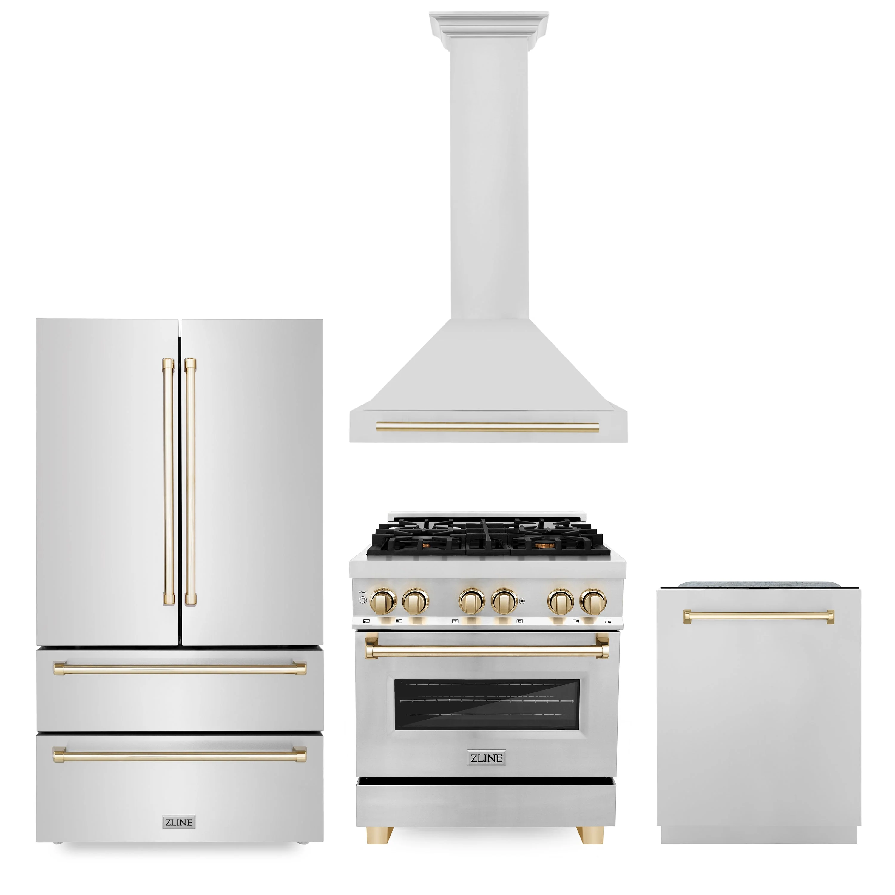 ZLINE 30 in. Autograph Edition Kitchen Package with Stainless Steel Dual Fuel Range, Range Hood, Dishwasher and Refrigeration with Polished Gold Accents
