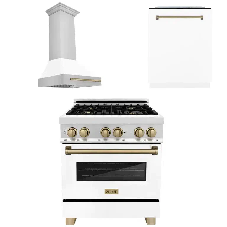 ZLINE 30 in. Autograph Edition Kitchen Package with Stainless Steel Dual Fuel Range with White Matte Door, Range Hood and Dishwasher with Champagne Bronze Accents