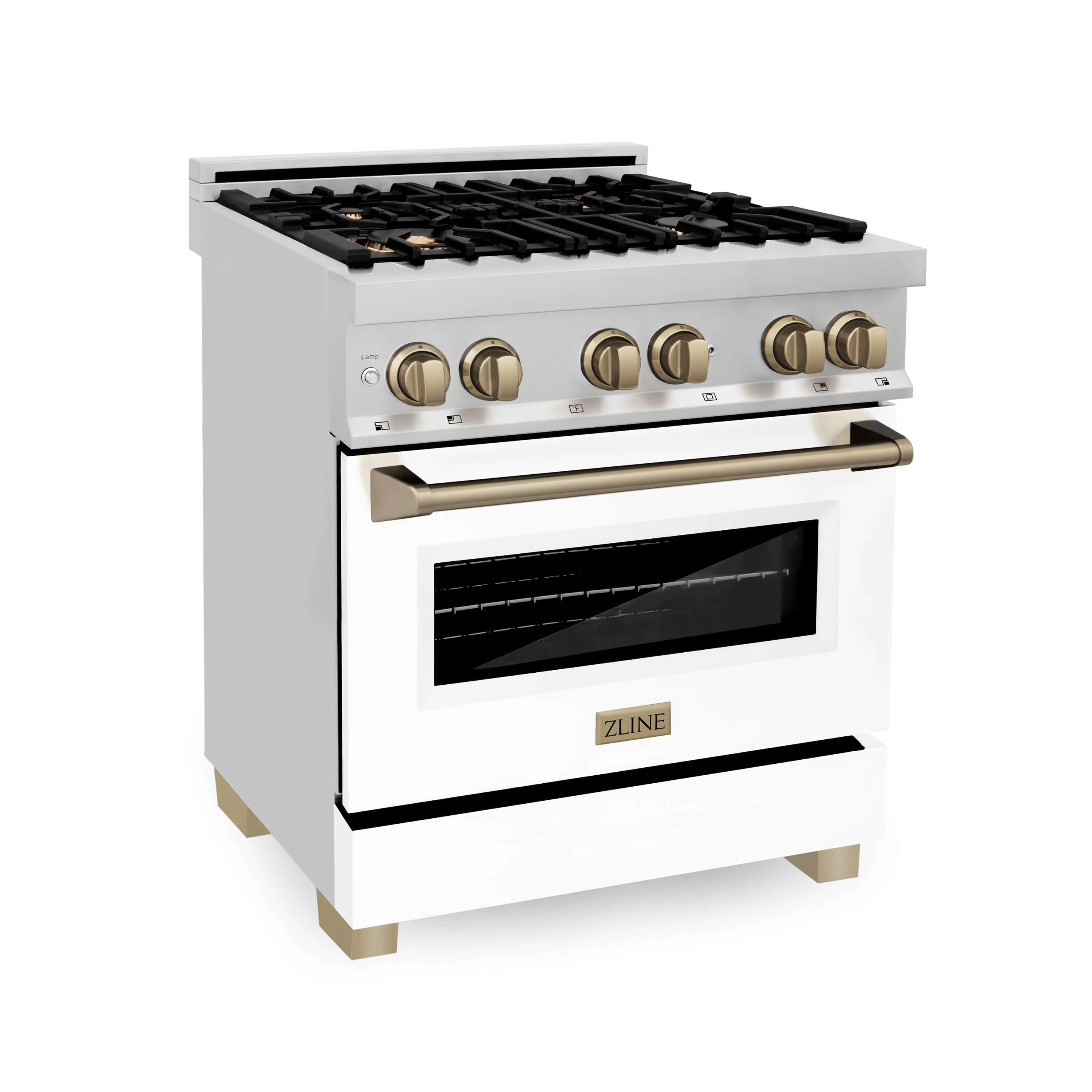 ZLINE 30 in. Autograph Edition Kitchen Package with Stainless Steel Dual Fuel Range with White Matte Door, Range Hood and Dishwasher with Champagne Bronze Accents - Image 2
