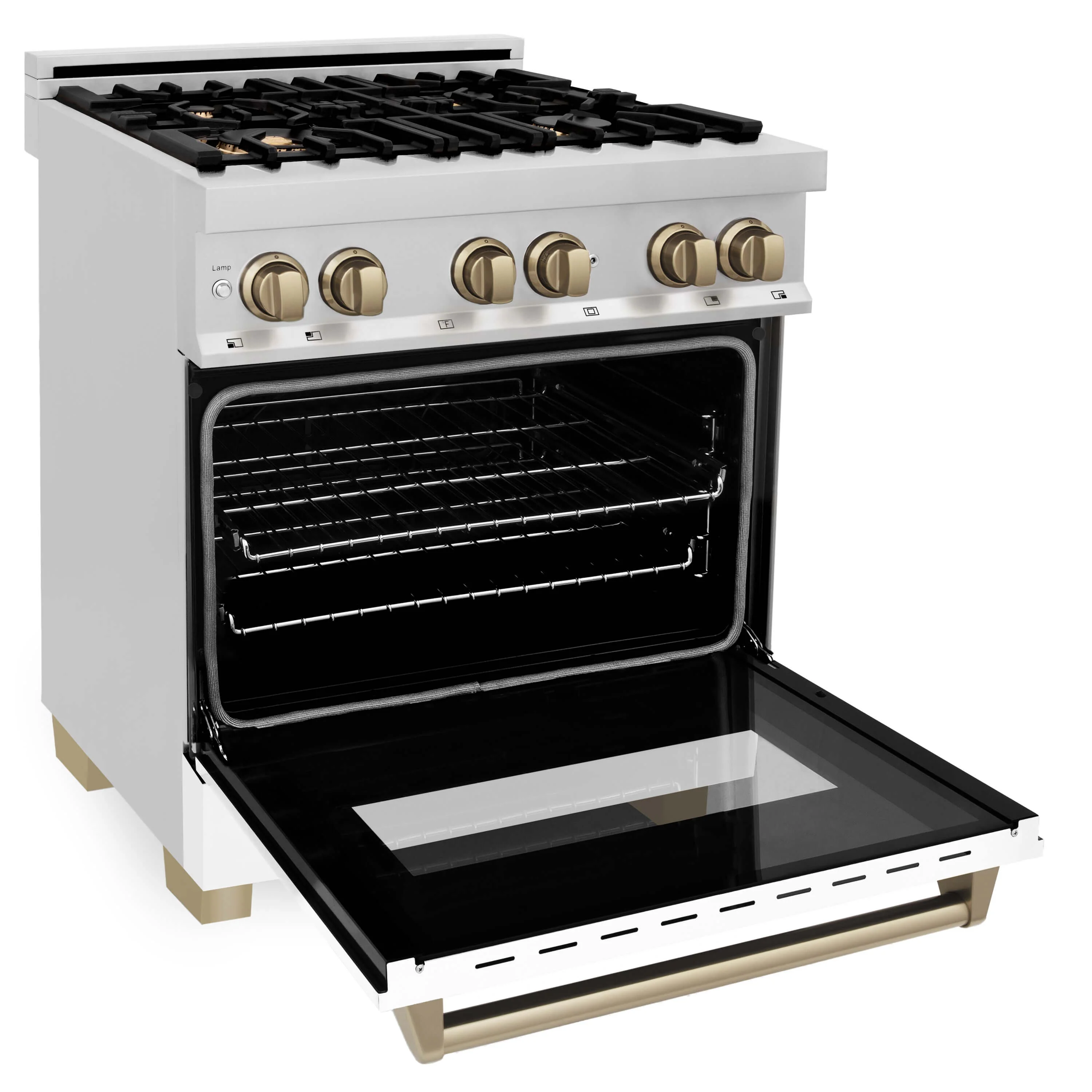 ZLINE 30 in. Autograph Edition Kitchen Package with Stainless Steel Dual Fuel Range with White Matte Door, Range Hood and Dishwasher with Champagne Bronze Accents - Image 4