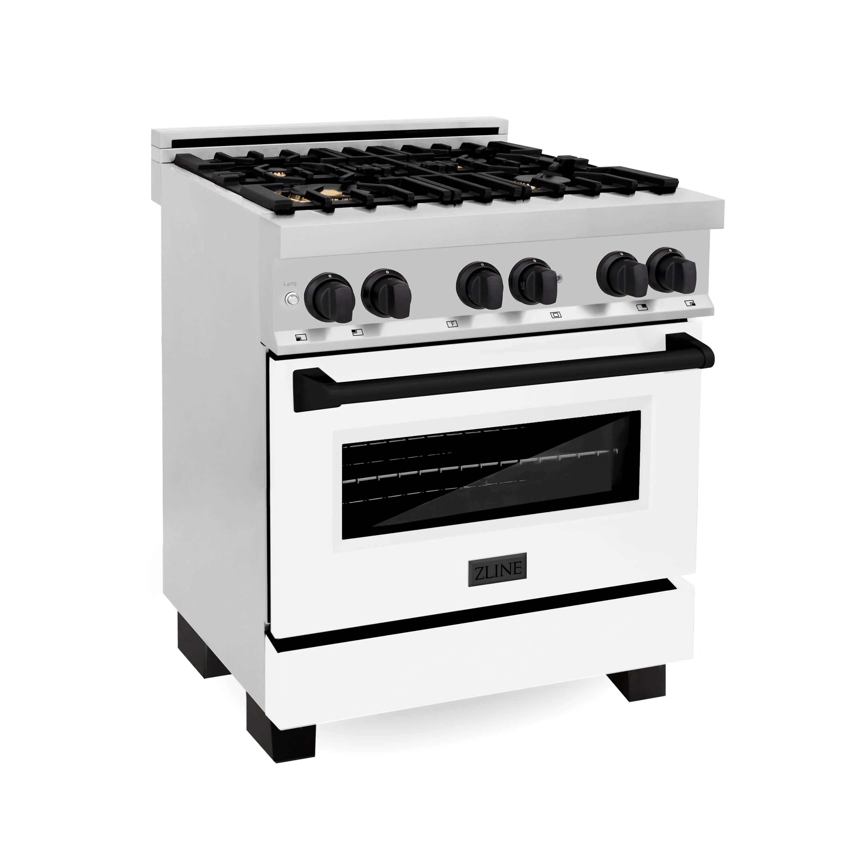 ZLINE 30 in. Autograph Edition Kitchen Package with Stainless Steel Dual Fuel Range with White Matte Door, Range Hood and Dishwasher with Matte Black Accents - Image 2