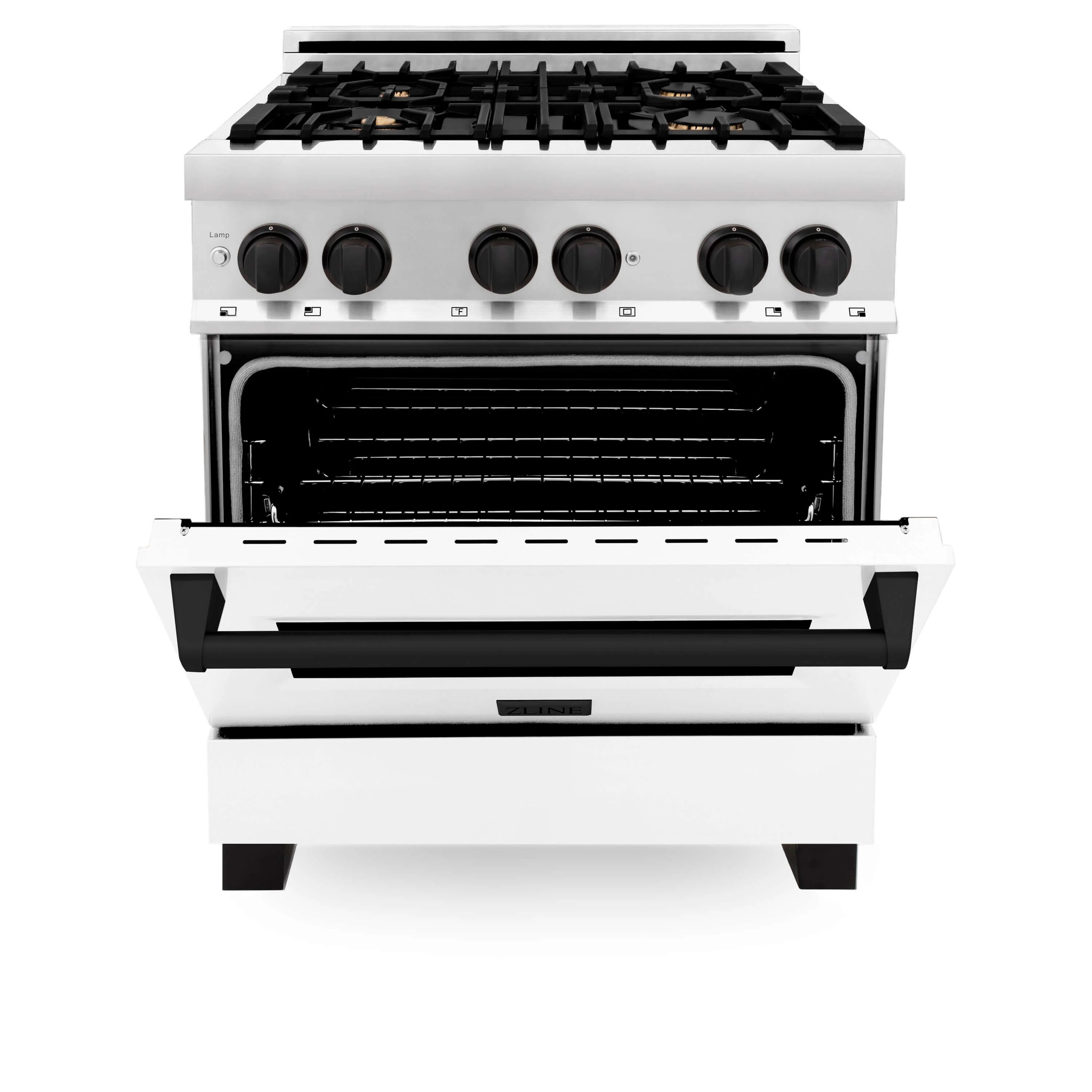 ZLINE 30 in. Autograph Edition Kitchen Package with Stainless Steel Dual Fuel Range with White Matte Door, Range Hood and Dishwasher with Matte Black Accents - Image 4