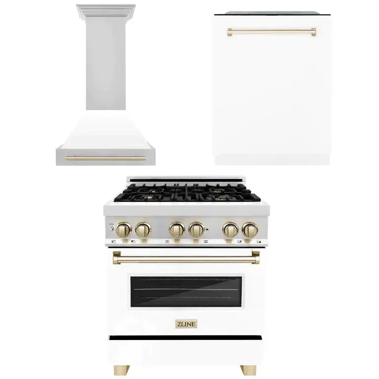 ZLINE 30 in. Autograph Edition Kitchen Package with Stainless Steel Dual Fuel Range with White Matte Door, Range Hood and Dishwasher with Polished Gold Accents