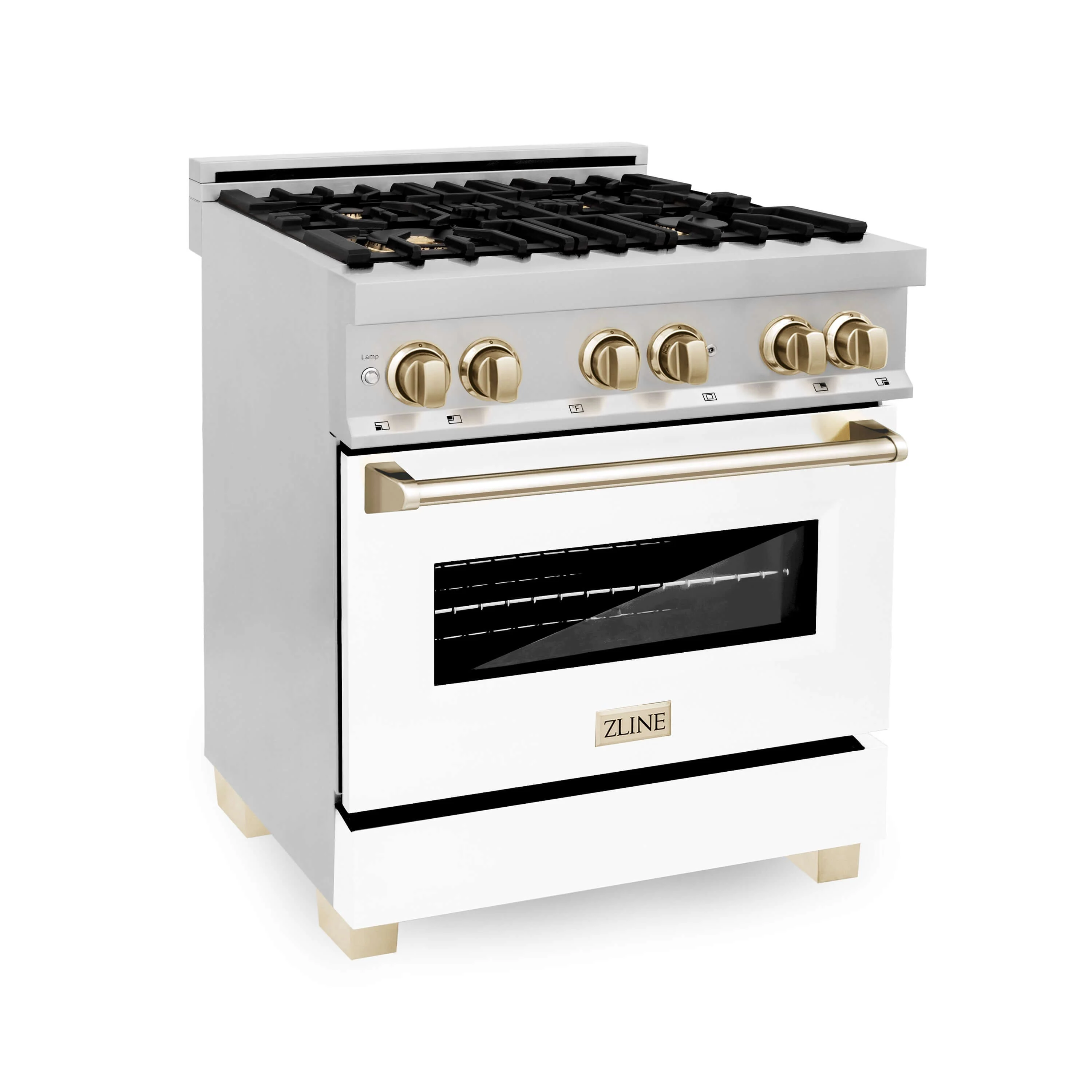 ZLINE 30 in. Autograph Edition Kitchen Package with Stainless Steel Dual Fuel Range with White Matte Door, Range Hood and Dishwasher with Polished Gold Accents - Image 2