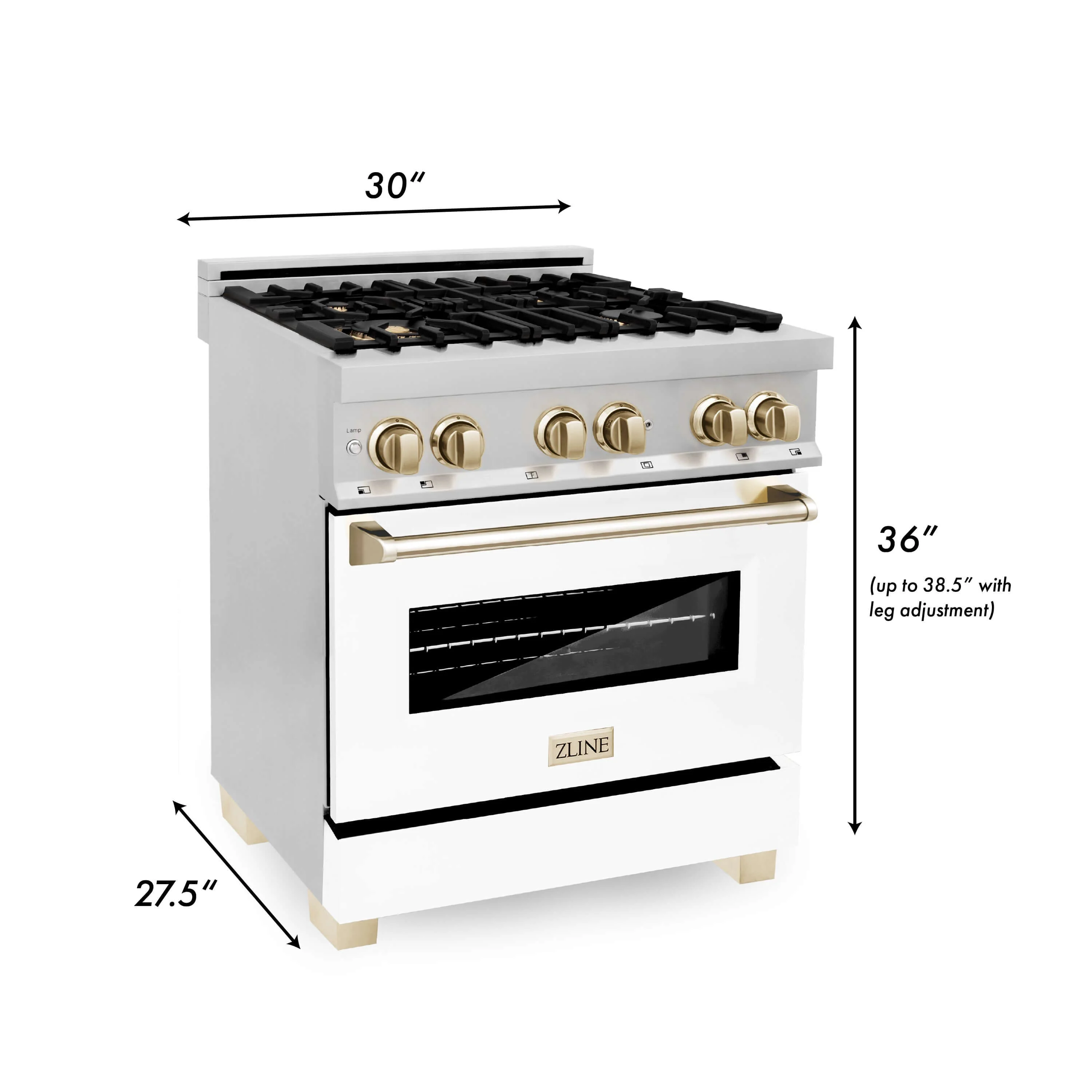 ZLINE 30 in. Autograph Edition Kitchen Package with Stainless Steel Dual Fuel Range with White Matte Door, Range Hood and Dishwasher with Polished Gold Accents - Image 8