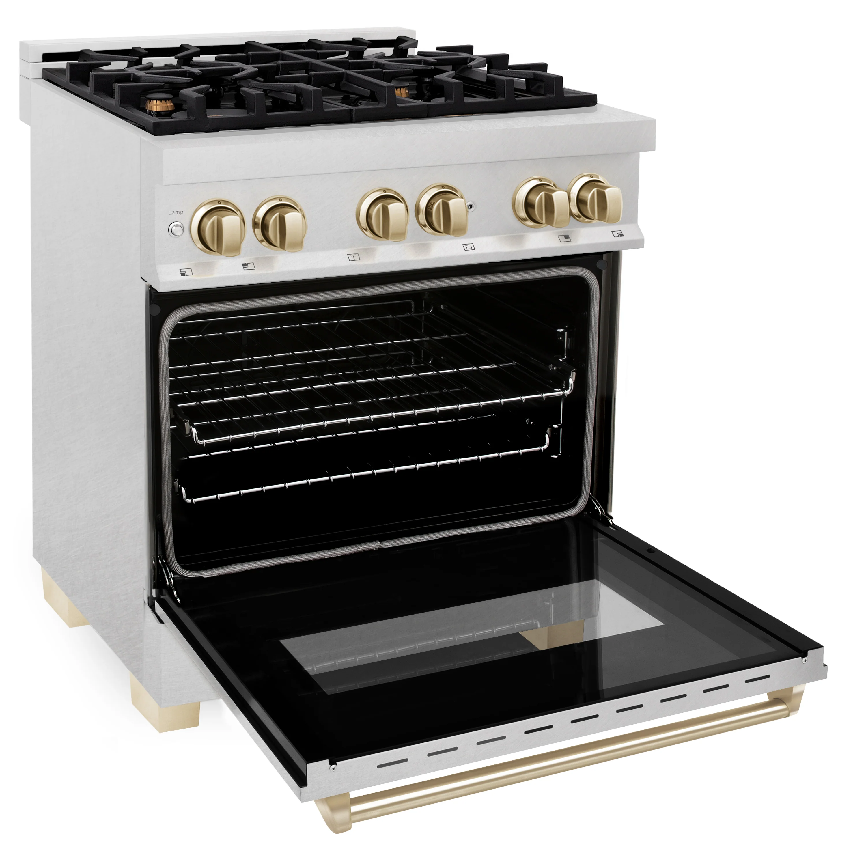 ZLINE Autograph Edition 30 in. 4.0 cu. ft. Legacy Dual Fuel Range with 4 Burner Gas Cooktop and Electric Convection Oven in Satin Stainless Steel and Polished Gold Accents (RASZ-SN-30-G) - Image 4