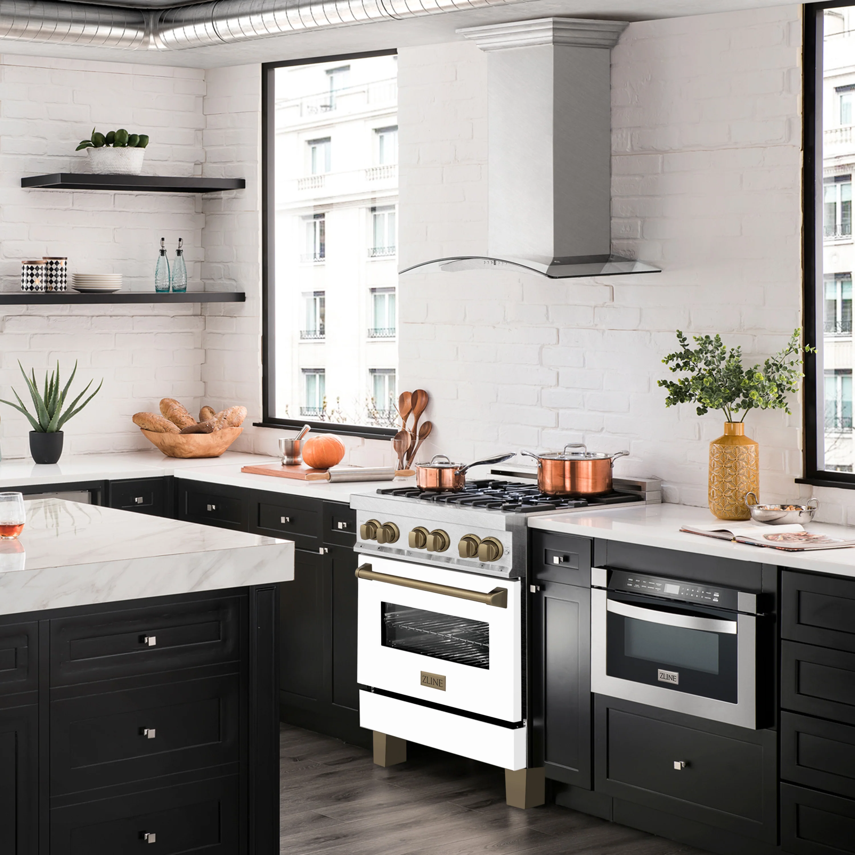 ZLINE Autograph Edition 30 in. 4.0 cu. ft. Legacy Dual Fuel Range with 4 Burner Gas Cooktop and Electric Convection Oven in Satin Stainless Steel with White Matte Door and Champagne Bronze Accents (RASZ-WM-30-CB) - Image 4