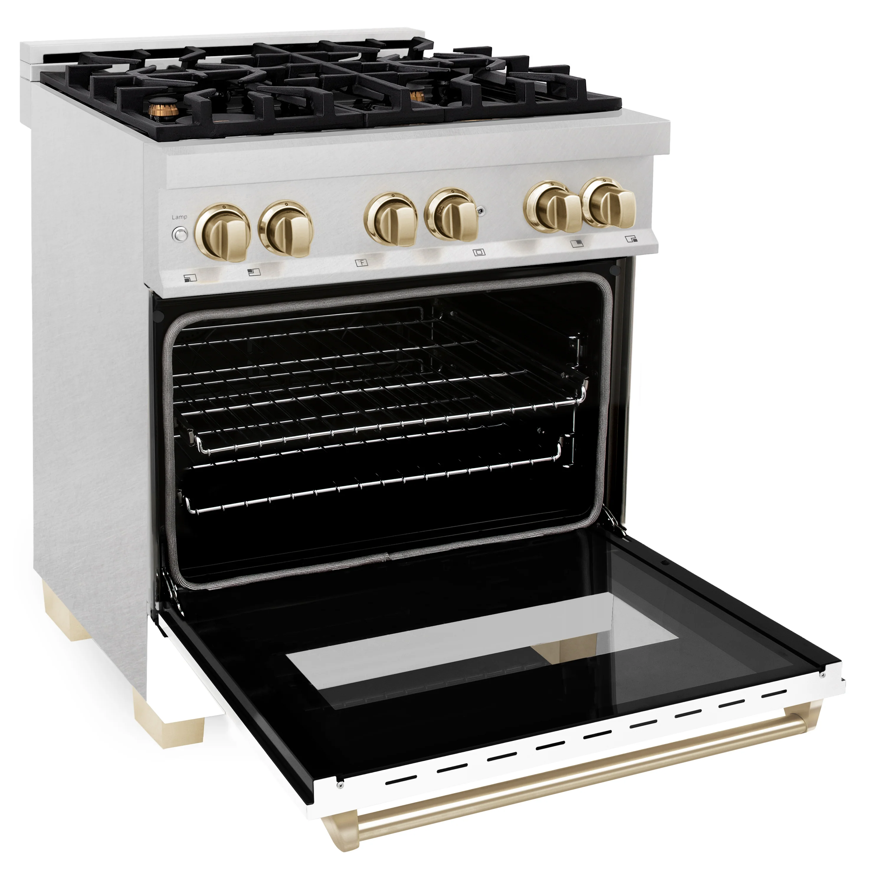 ZLINE Autograph Edition 30 in. 4.0 cu. ft. Legacy Dual Fuel Range with 4 Burner Gas Cooktop and Electric Convection Oven in Satin Stainless Steel with White Matte Door and Polished Gold Accents (RASZ-WM-30-G) - Image 4