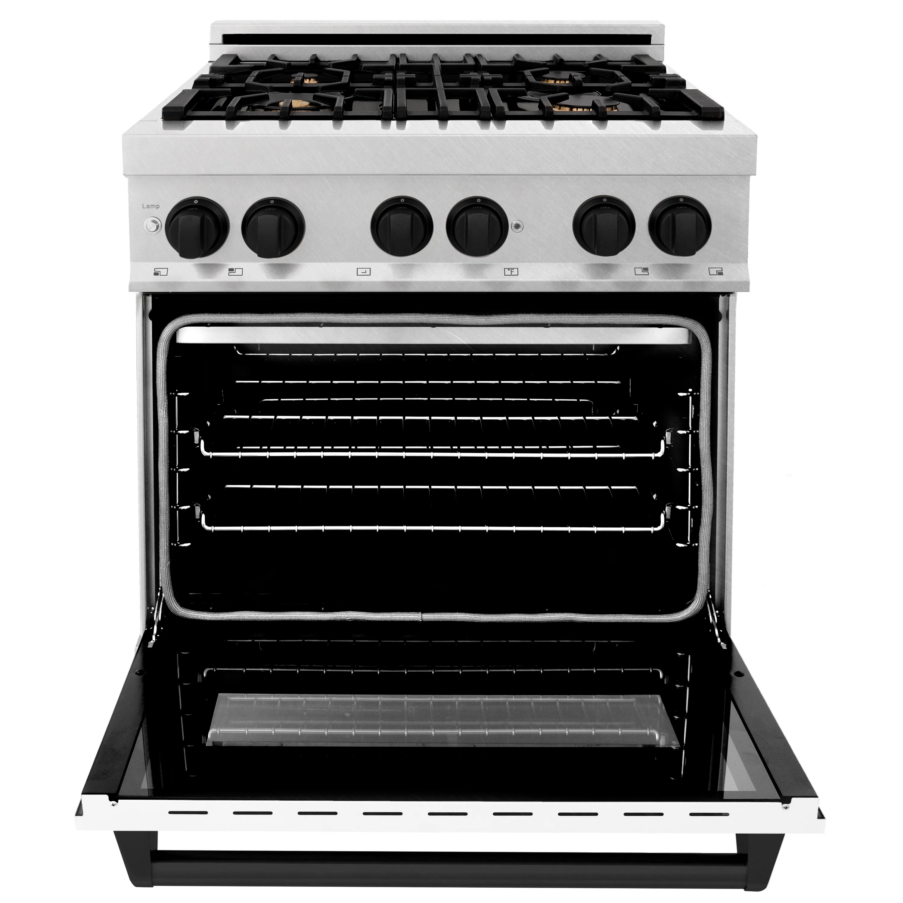 ZLINE Autograph Edition 30 in. 4.0 cu. ft. Legacy Dual Fuel Range with 4 Burner Gas Cooktop and Electric Convection Oven in Satin Stainless Steel with White Matte Door and Matte Black Accents (RASZ-WM-30-MB) - Image 8