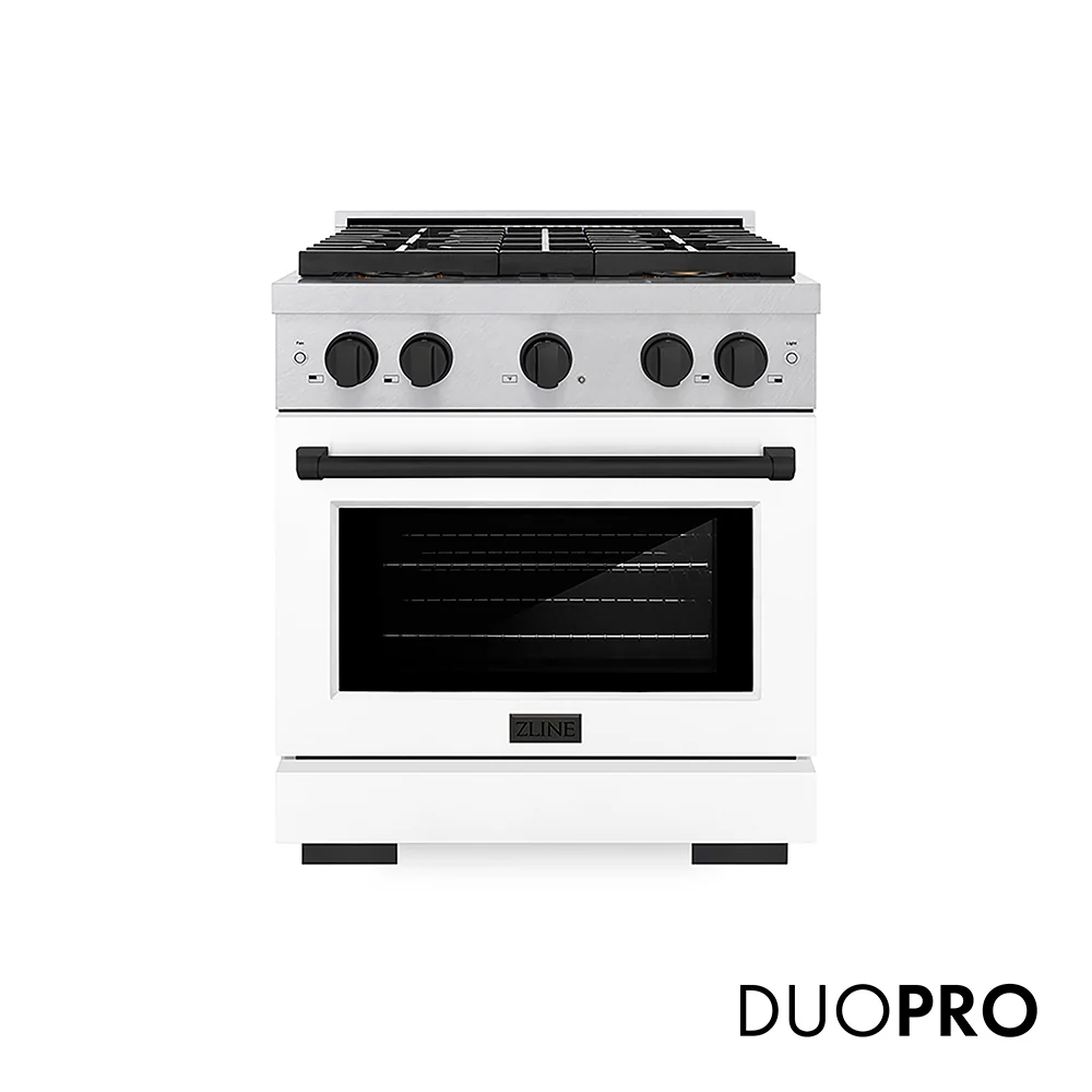 ZLINE Autograph Edition 30 in. 4.2 cu. ft. Paramount Dual Fuel Range with 4 Burner DuoPro™ Cooktop and Electric Convection Oven in Satin Stainless Steel with White Matte Door and Matte Black Accents (PSDRSZ-WM-30-MB)