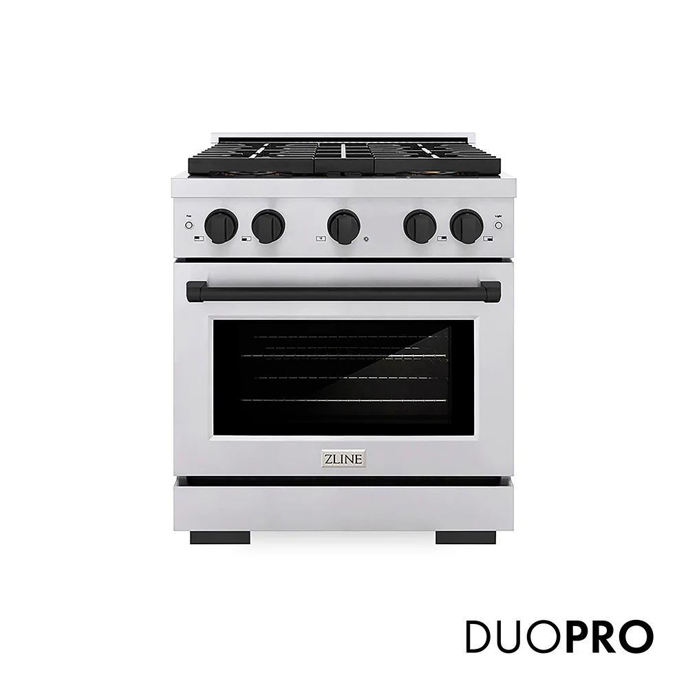 ZLINE Autograph Edition 30 in. 4.2 cu. ft. Paramount Dual Fuel Range with 4 Burner DuoPro™ Cooktop and Electric Convection Oven in Stainless Steel with Matte Black Accents (PSDRZ-30-MB)