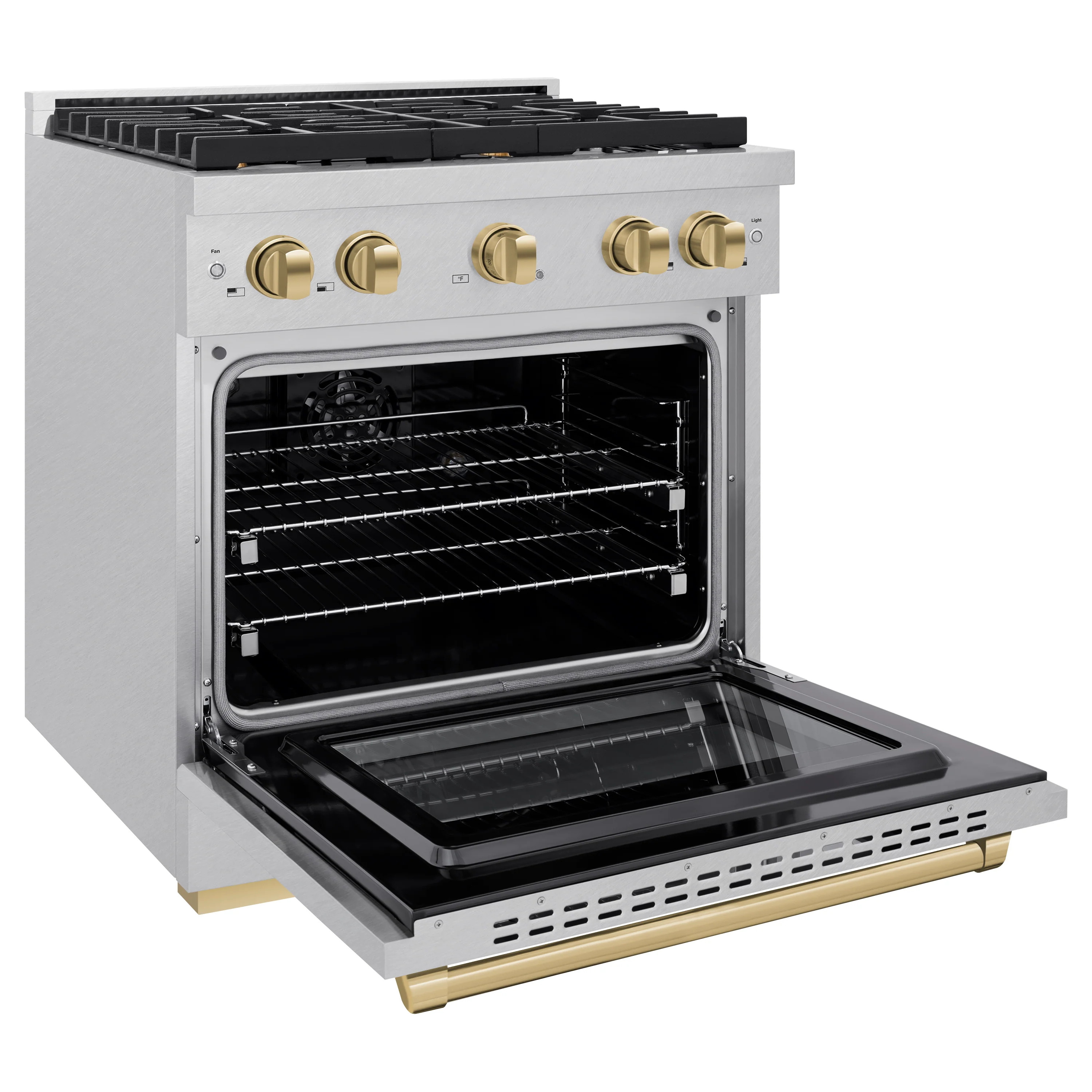 ZLINE Autograph Edition 30 in. 4.2 cu. ft. Paramount Dual Fuel Range with 4 Burner Gas Cooktop and Electric Convection Oven in Satin Stainless Steel with Champagne Bronze Accents (SDRSZ-30-CB) - Image 4