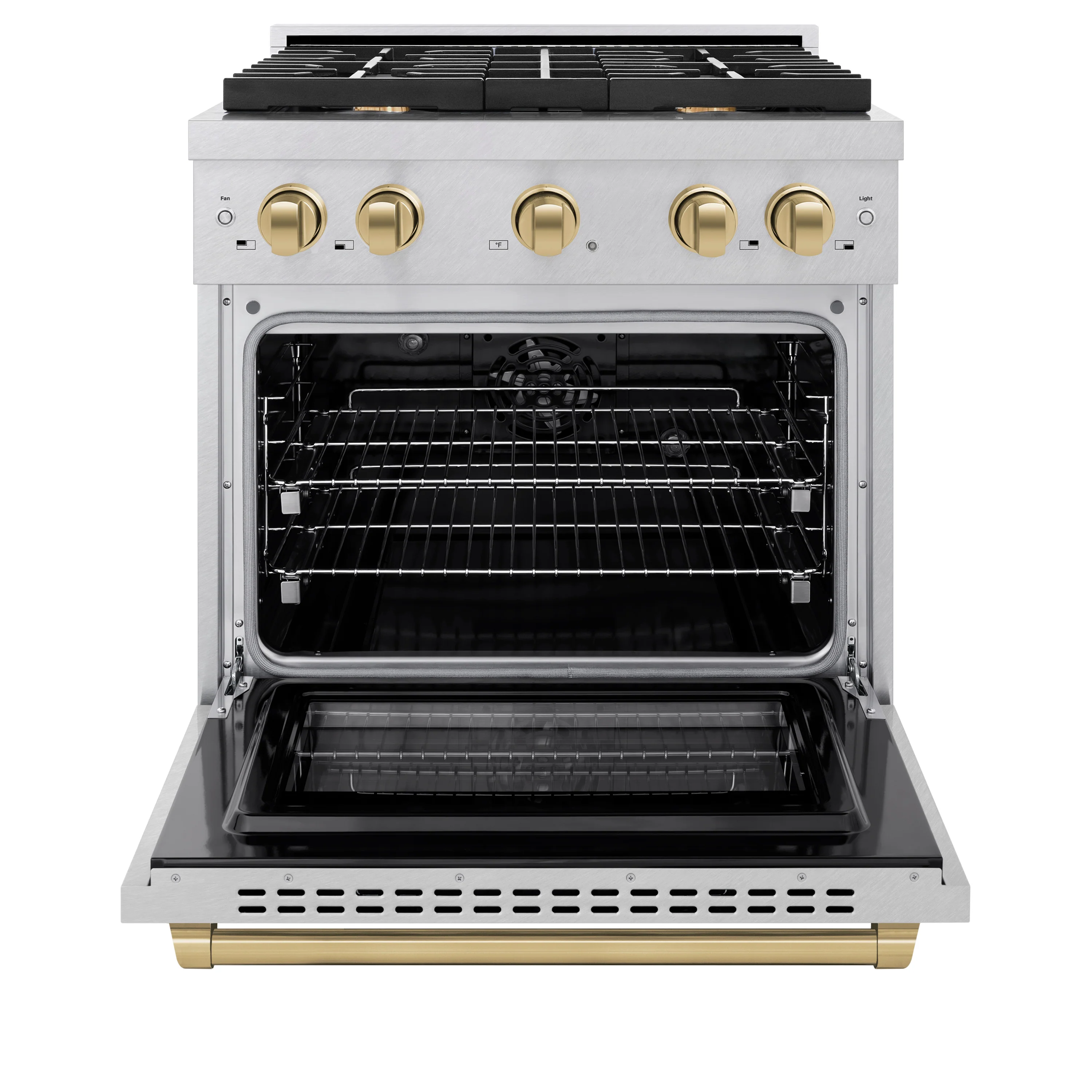 ZLINE Autograph Edition 30 in. 4.2 cu. ft. Paramount Dual Fuel Range with 4 Burner Gas Cooktop and Electric Convection Oven in Satin Stainless Steel with Champagne Bronze Accents (SDRSZ-30-CB) - Image 7