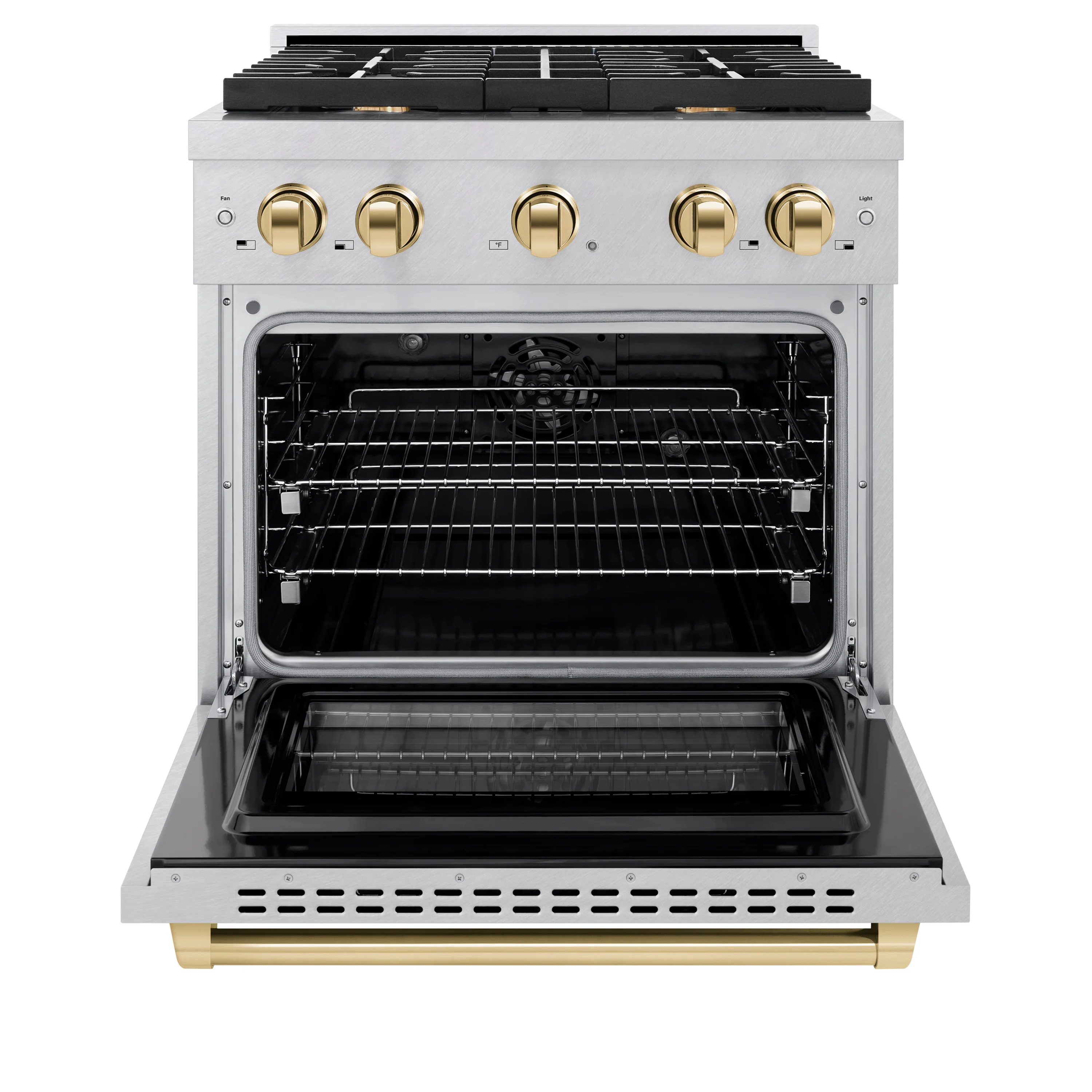 ZLINE Autograph Edition 30 in. 4.2 cu. ft. Paramount Dual Fuel Range with 4 Burner Gas Cooktop and Electric Convection Oven in Satin Stainless Steel with Polished Gold Accents (SDRSZ-30-G) - Image 7