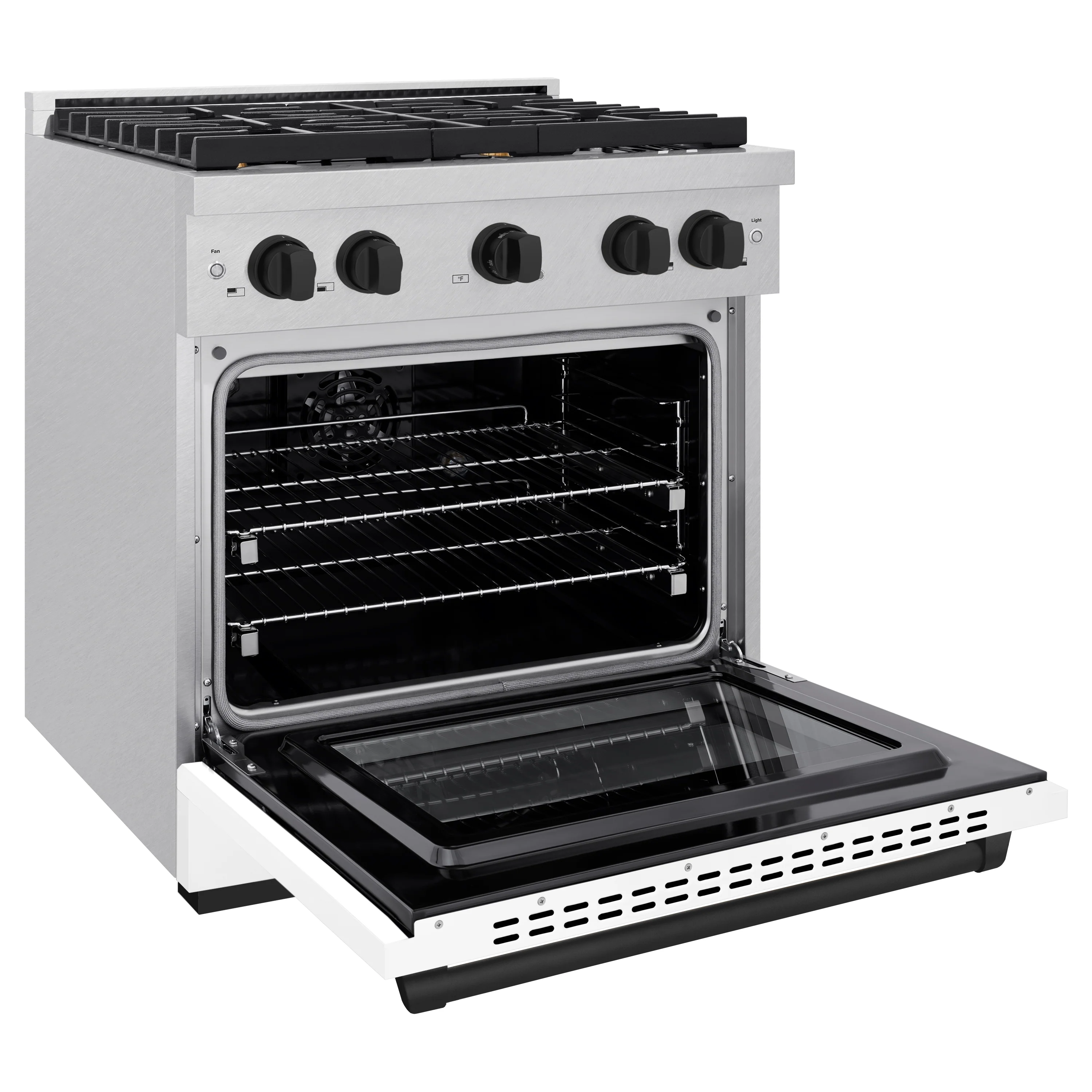 ZLINE Autograph Edition 30 in. 4.2 cu. ft. Paramount Dual Fuel Range with 4 Burner Gas Cooktop and Electric Convection Oven in Satin Stainless Steel with White Matte Door and Matte Black Accents (SDRSZ-WM-30-MB) - Image 4