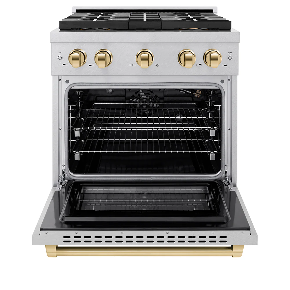 ZLINE Autograph Edition 30 in. 4.2 cu. ft. Paramount Gas Range with 4 Burner DuoPro™ Cooktop and Convection Gas Oven in Satin Stainless Steel and Polished Gold Accents (PSGRSZ-30-G) - Image 3