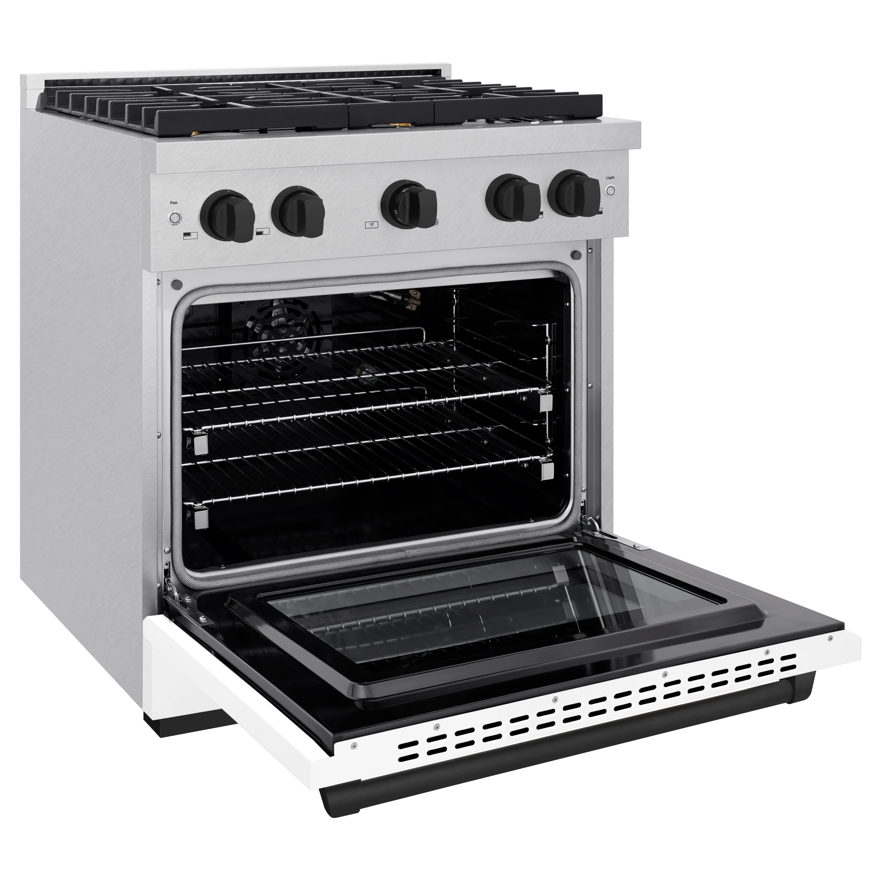 ZLINE Autograph Edition 30 in. 4.2 cu. ft. Paramount Gas Range with 4 Burner Cooktop and Convection Gas Oven in Satin Stainless Steel with White Matte Door and Matte Black Accents (SGRSZ-WM-30-MB) - Image 4