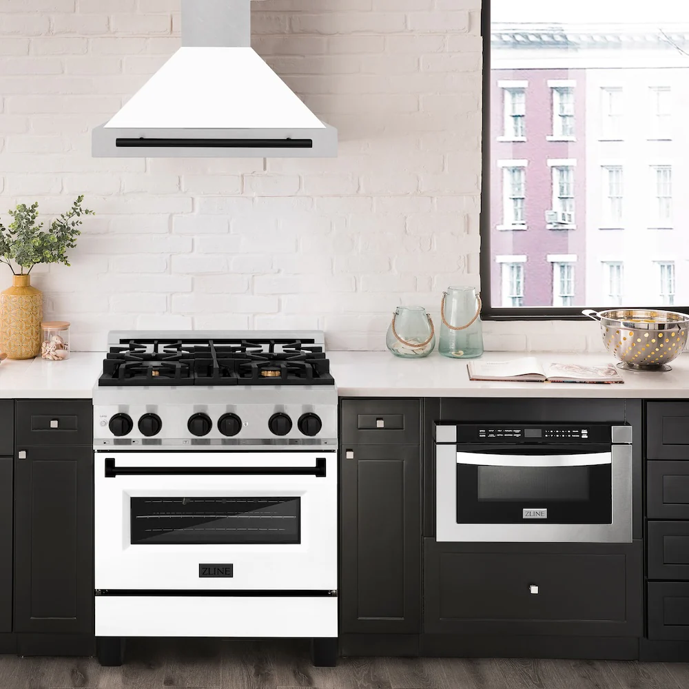 ZLINE 30 in. Autograph Edition Convertible Fingerprint Resistant Satin Stainless Steel Range Hood with White Matte Shell and Matte Black Handle (KB4SNZ-WM30-MB) - Image 2