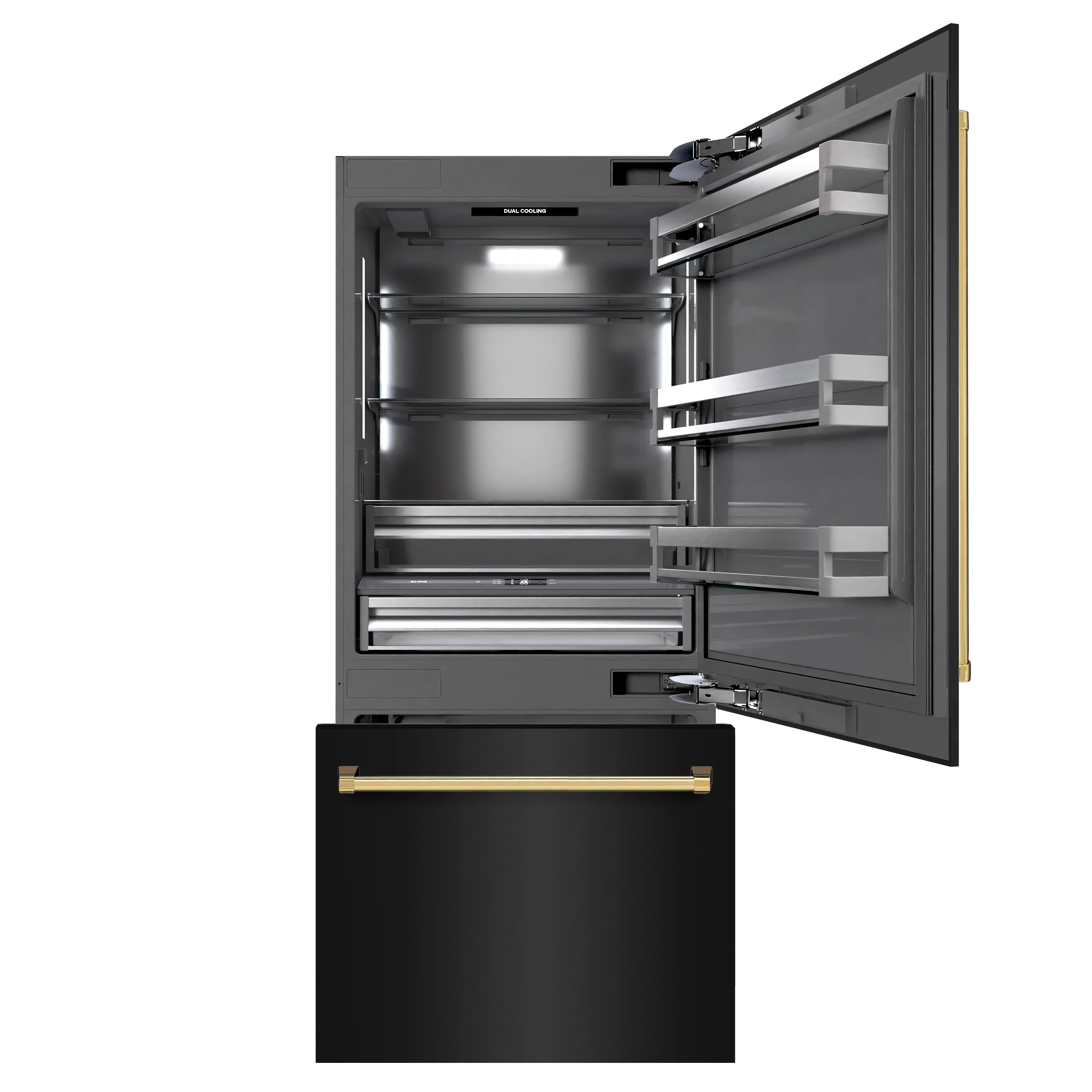 ZLINE Autograph Edition 36 in. 19.8 cu. ft. Built-In Bottom Freezer Refrigerator with Water Dispenser and Ice Maker in Black Stainless Steel with Graphite Gray Interior and Polished Gold Accents (GRBITZ-BS-36-G) - Image 4