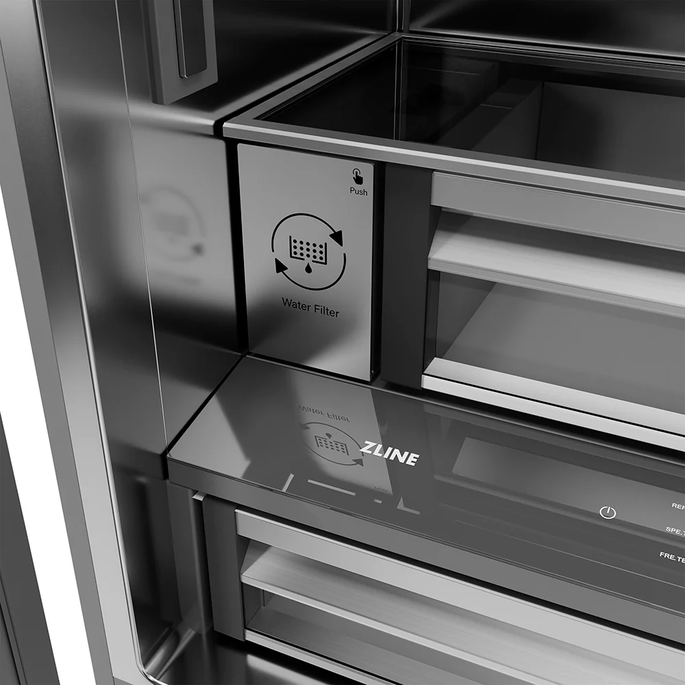 ZLINE Autograph Edition 36 in. 19.6 cu. ft. French Door Built-In Bottom Freezer Refrigerator with Water Dispenser and Ice Maker in Black Stainless Steel with Stainless Steel Interior and Champagne Bronze Helix Handles (SRBIVZ-BS36KCB) - Image 14