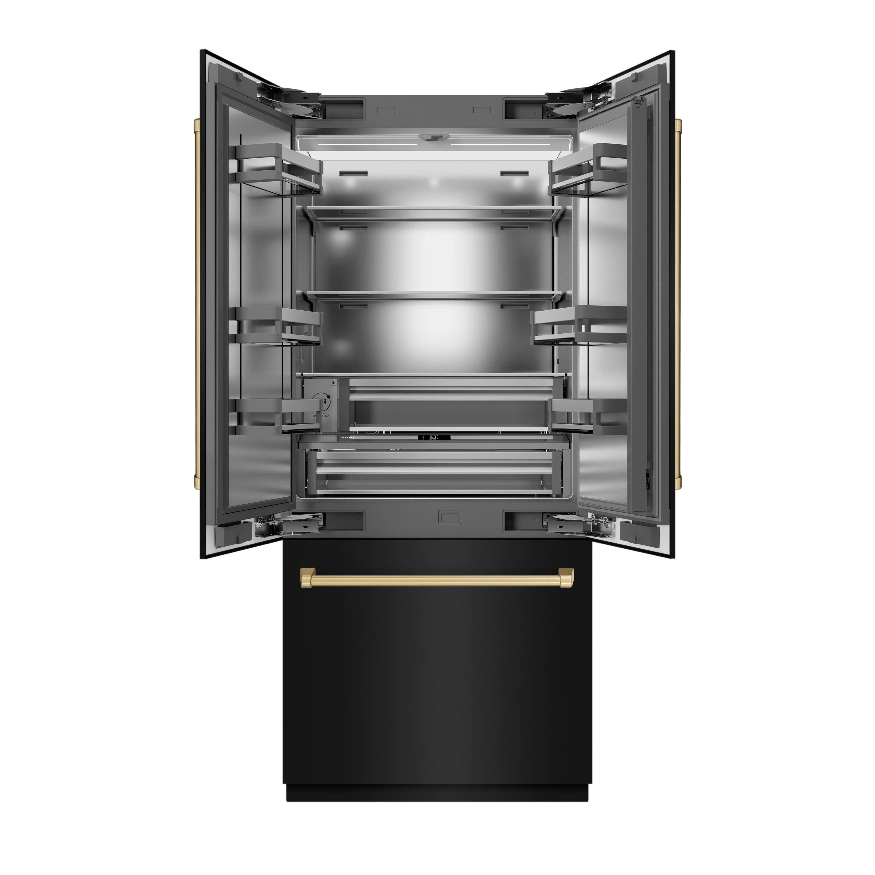 ZLINE Autograph Edition 36 in. 19.6 cu. ft. French Door Built-In Bottom Freezer Refrigerator with Water Dispenser and Ice Maker in Black Stainless Steel with Stainless Steel Interior and Champagne Bronze Accents (SRBIVZ-BS-36-CB) - Image 3