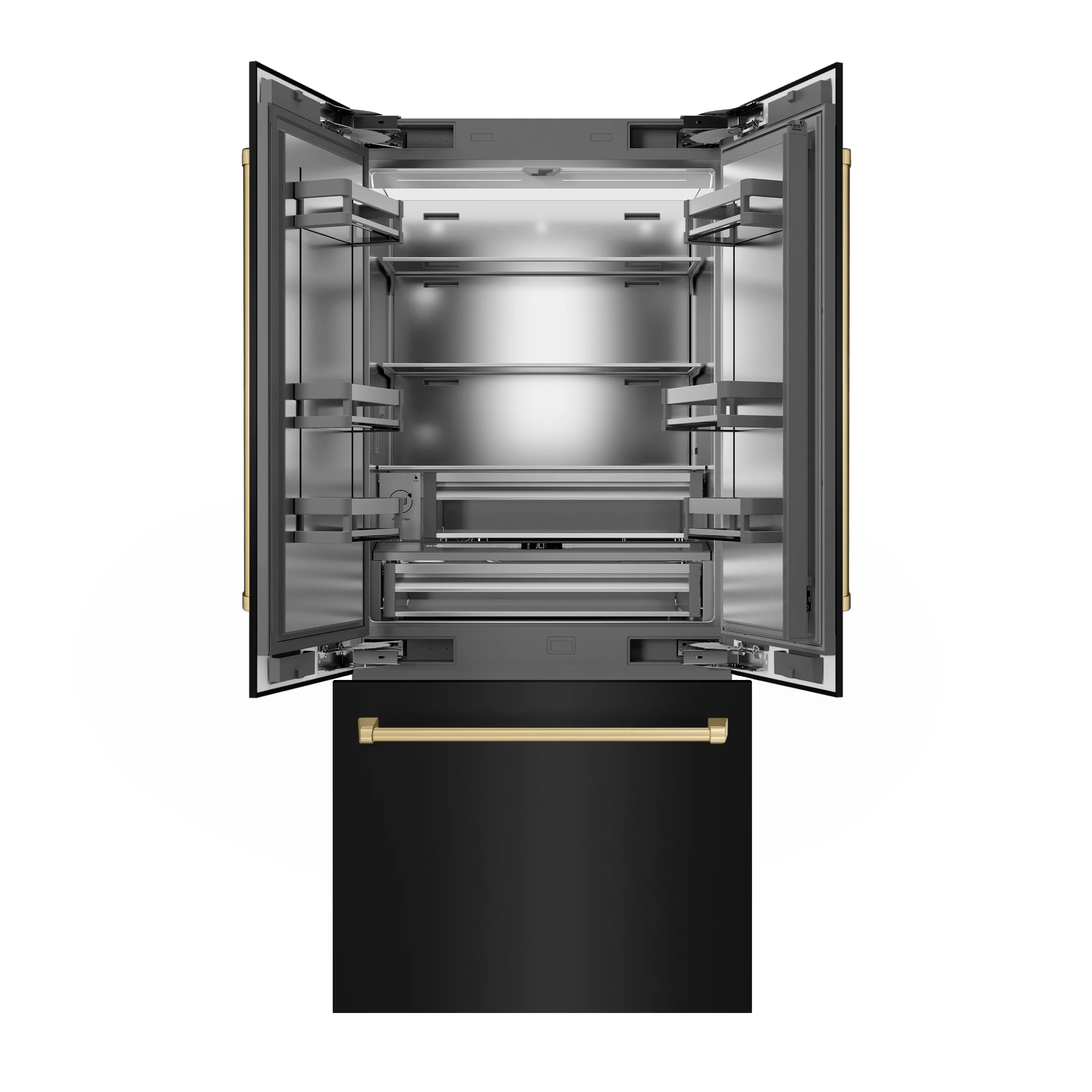 ZLINE Autograph Edition 36 in. 19.6 cu. ft. French Door Built-In Bottom Freezer Refrigerator with Water Dispenser and Ice Maker in Black Stainless Steel with Stainless Steel Interior and Champagne Bronze Accents (SRBIVZ-BS-36-CB) - Image 4