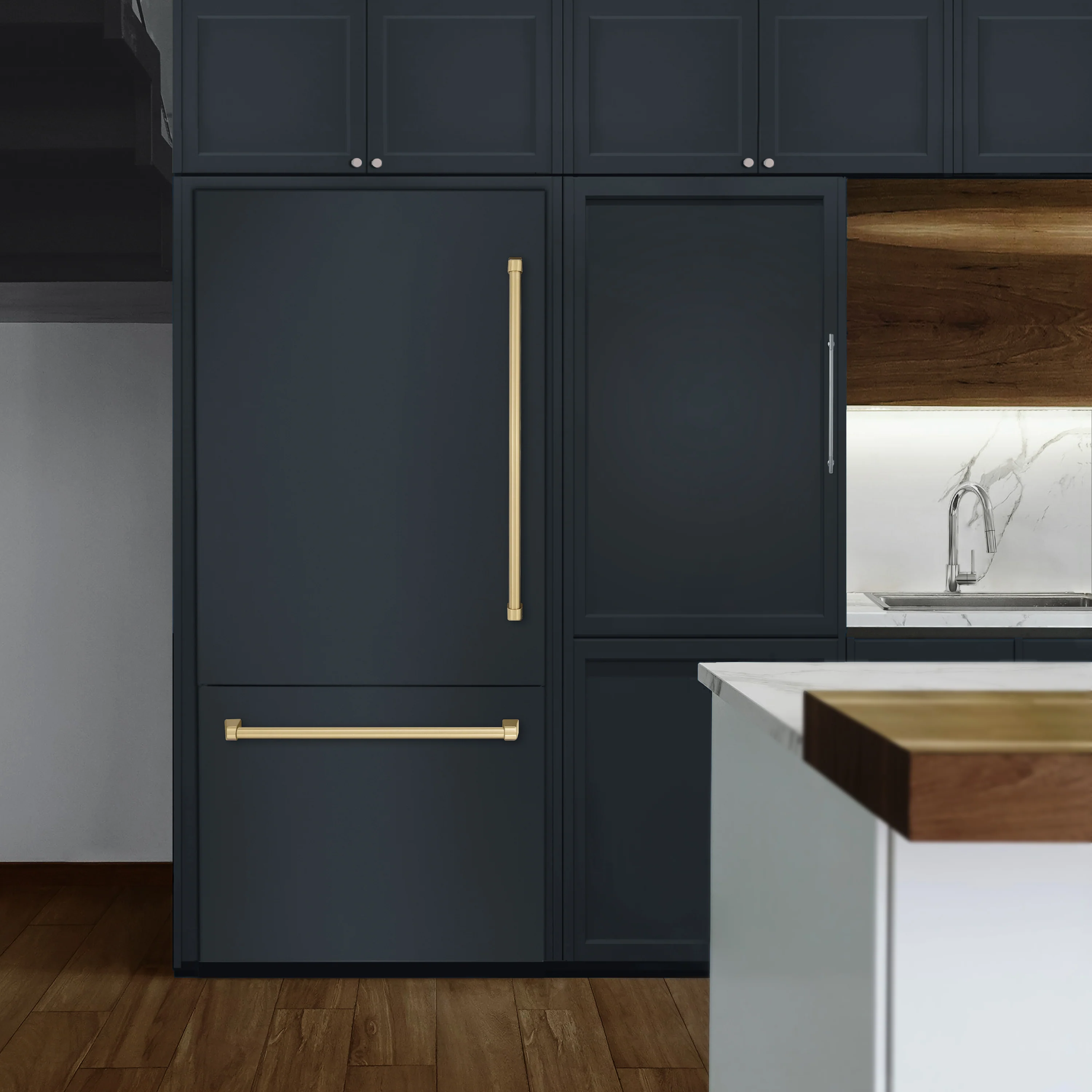 ZLINE Autograph Edition 36 in. 19.8 cu. ft. Panel Ready Built-In Bottom Freezer Refrigerator with Water Dispenser and Ice Maker with Champagne Bronze Accents (RBITZ-36-CB) - Image 4