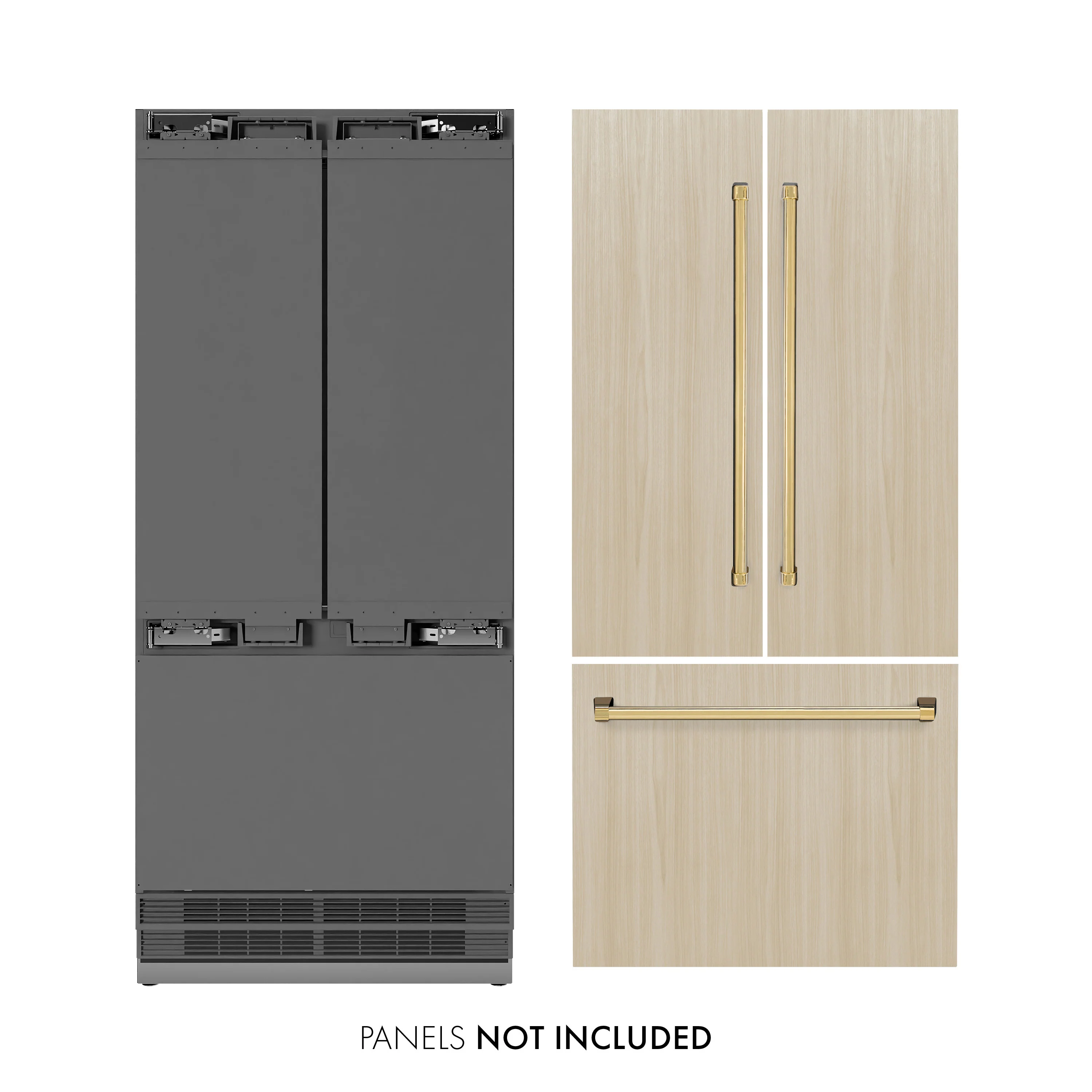 ZLINE Autograph Edition 36 in. 19.6 cu. ft. Panel Ready French Door Built-In Bottom Freezer Refrigerator with Water Dispenser and Ice Maker with Stainless Steel Interior and Polished Gold Accents (SRBIVZ-36-G) - Image 2