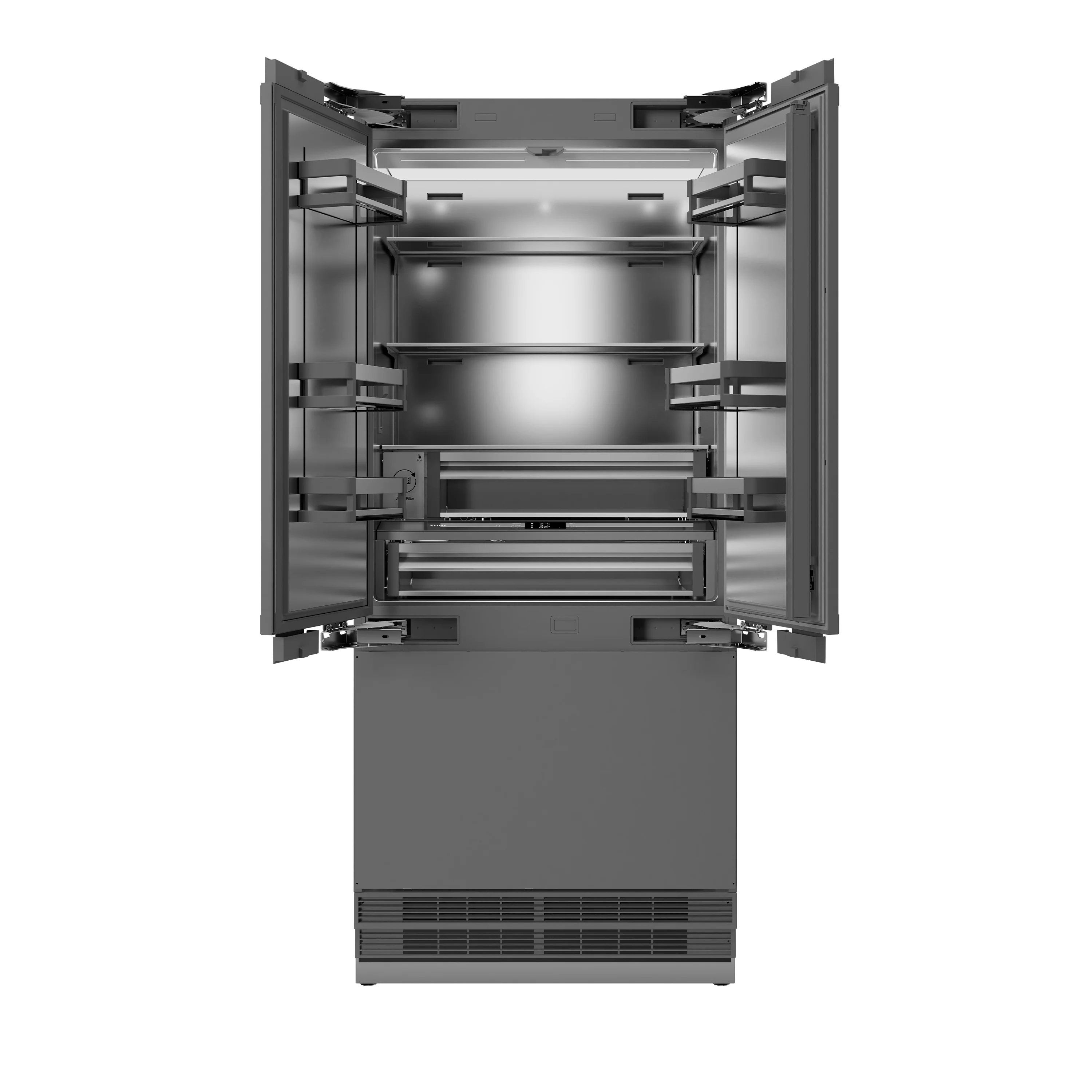 ZLINE Autograph Edition 36 in. 19.6 cu. ft. Panel Ready French Door Built-In Bottom Freezer Refrigerator with Water Dispenser and Ice Maker with Stainless Steel Interior and Polished Gold Accents (SRBIVZ-36-G) - Image 5