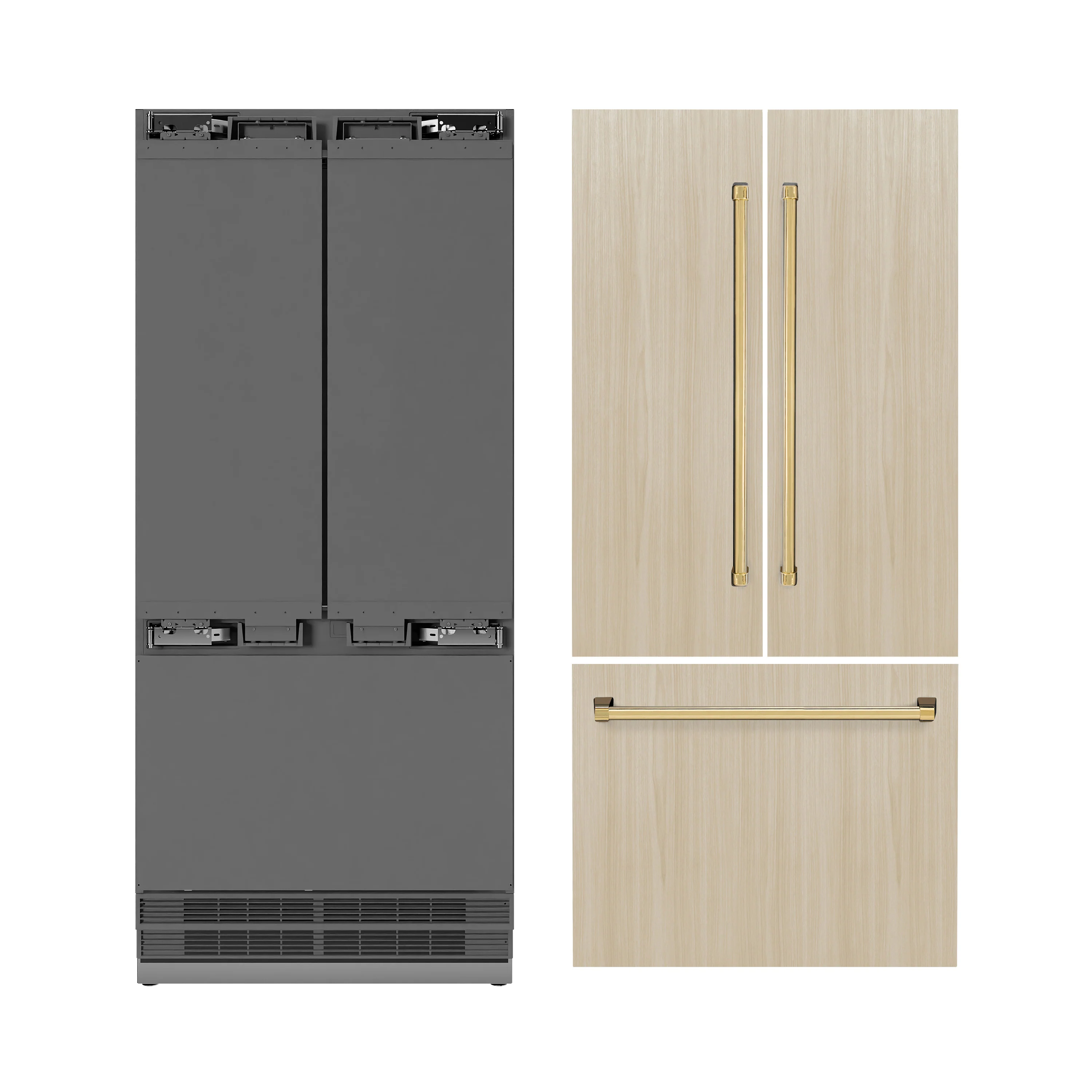 ZLINE Autograph Edition 36 in. 19.6 cu. ft. Panel Ready French Door Built-In Bottom Freezer Refrigerator with Water Dispenser and Ice Maker with Stainless Steel Interior and Polished Gold Accents (SRBIVZ-36-G) - Image 7