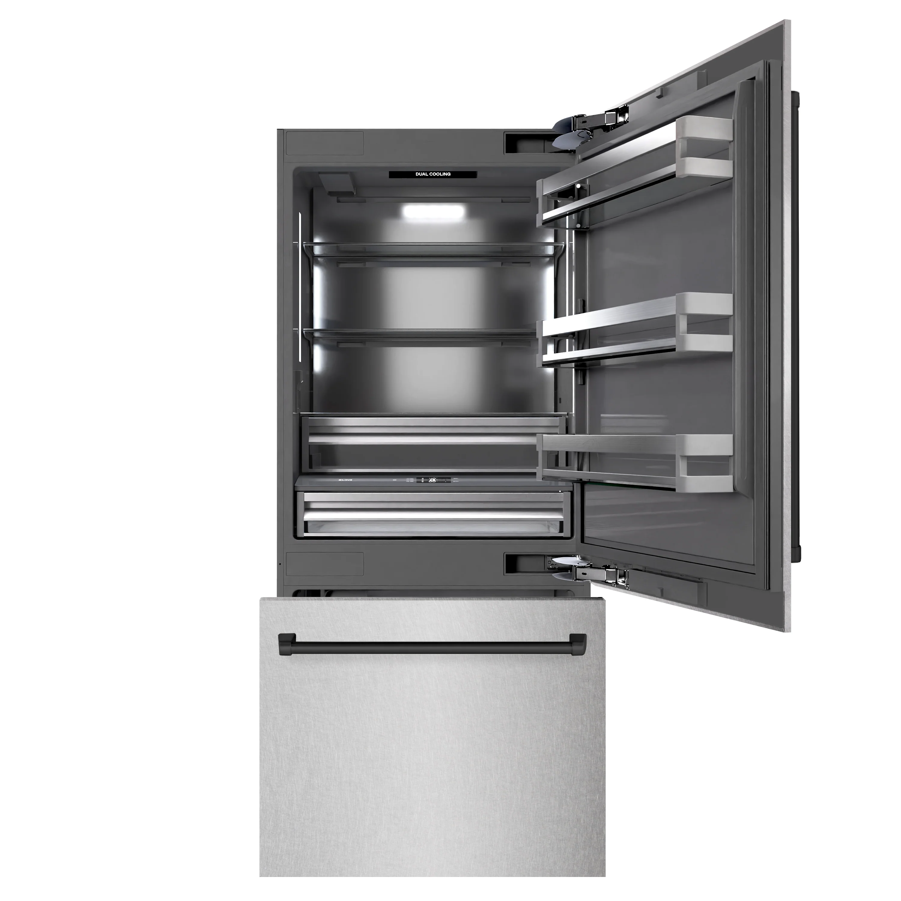 ZLINE Autograph Edition 36 in. 19.8 cu. ft. Built-In Bottom Freezer Refrigerator with Water Dispenser and Ice Maker in Satin Stainless Steel with Graphite Gray Interior and Matte Black Accents (GRBITZ-SN-36-MB) - Image 4