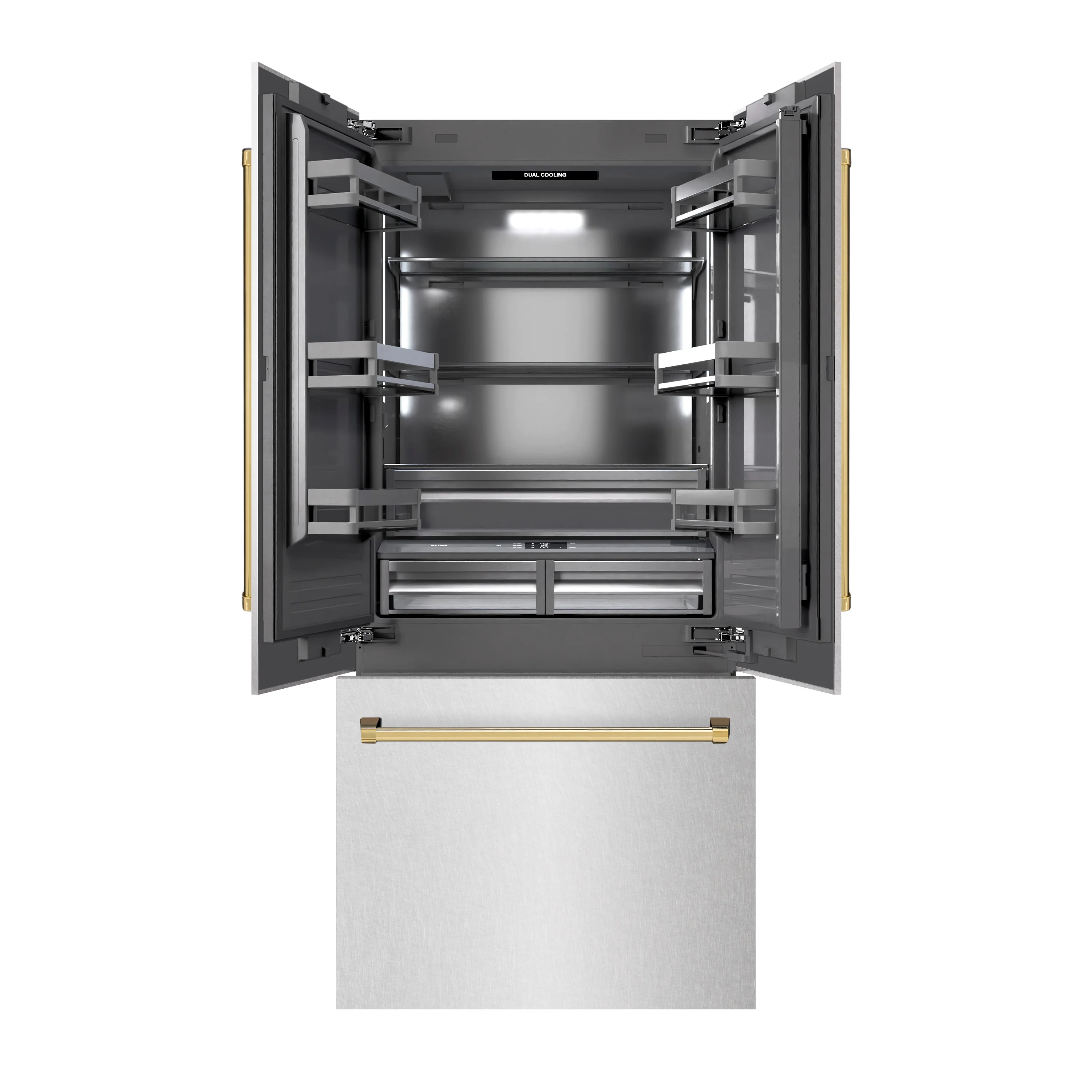 ZLINE Autograph Edition 36 in. 19.6 cu. ft. French Door Built-In Bottom Freezer Refrigerator with Water Dispenser and Ice Maker in Satin Stainless Steel with Graphite Gray Interior and Polished Gold Accents (GRBIVZ-SN-36-G) - Image 5