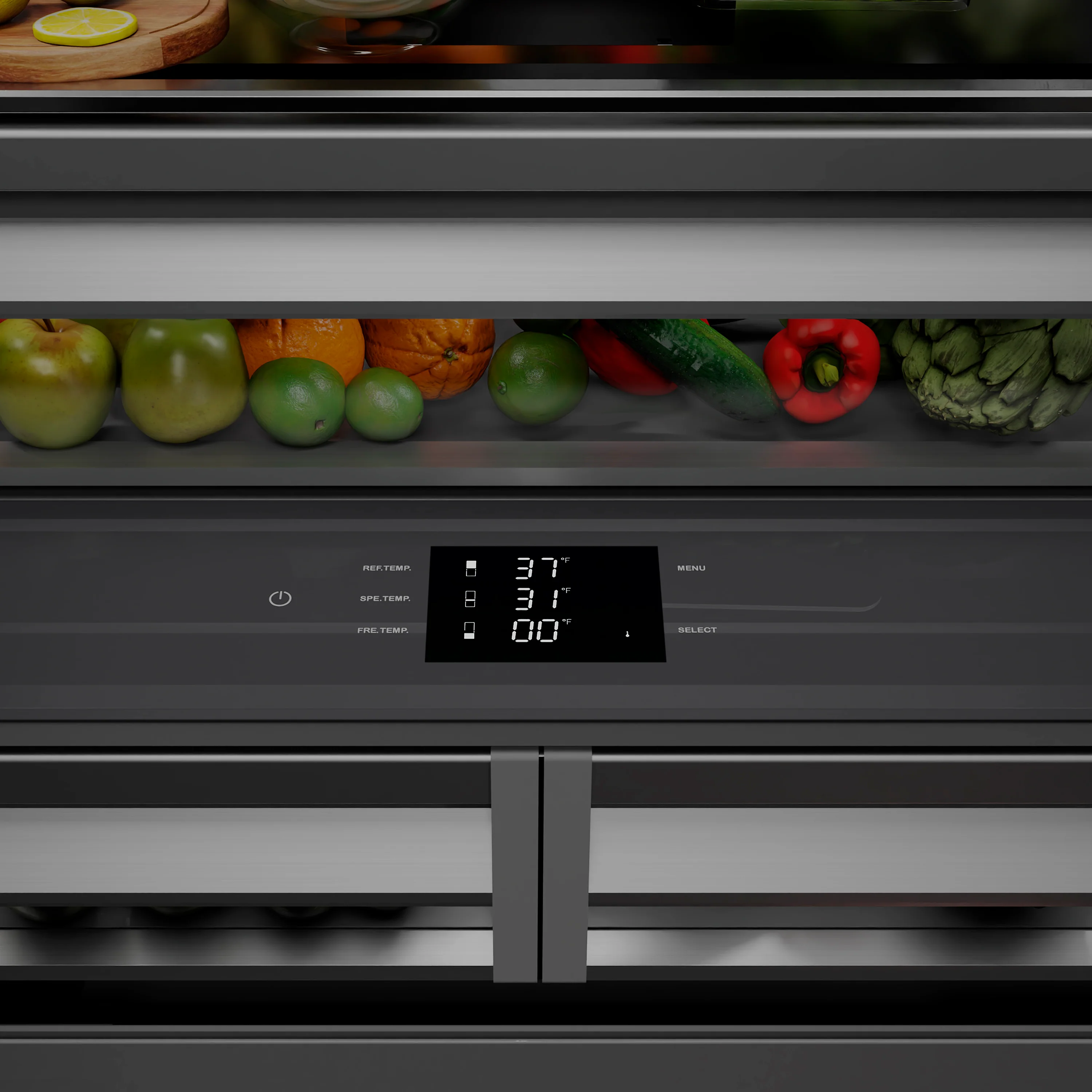 ZLINE Autograph Edition 36 in. 19.6 cu. ft. French Door Built-In Bottom Freezer Refrigerator with Water Dispenser and Ice Maker in Satin Stainless Steel with Graphite Gray Interior and Polished Gold Accents (GRBIVZ-SN-36-G) - Image 8