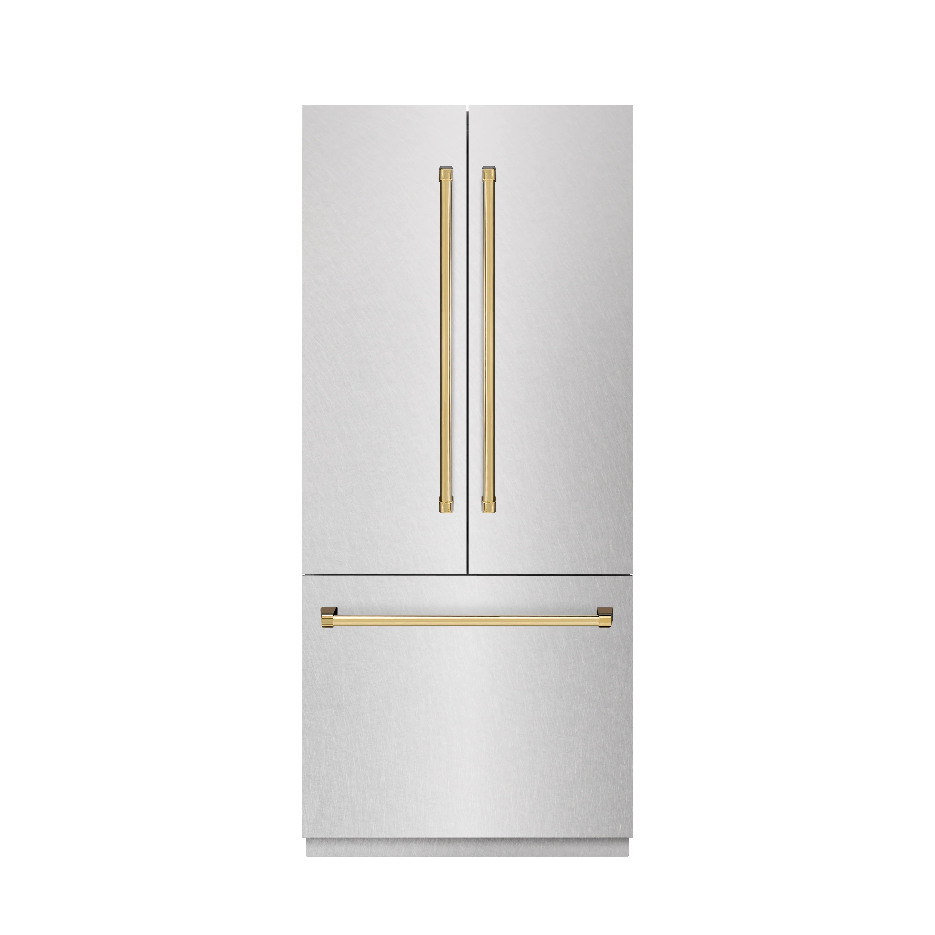 ZLINE Autograph Edition 36 in. 19.6 cu. ft. French Door Built-In Bottom Freezer Refrigerator with Water Dispenser and Ice Maker in Satin Stainless Steel with Stainless Steel Interior and Polished Gold Accents (SRBIVZ-SN-36-G) - Image 2
