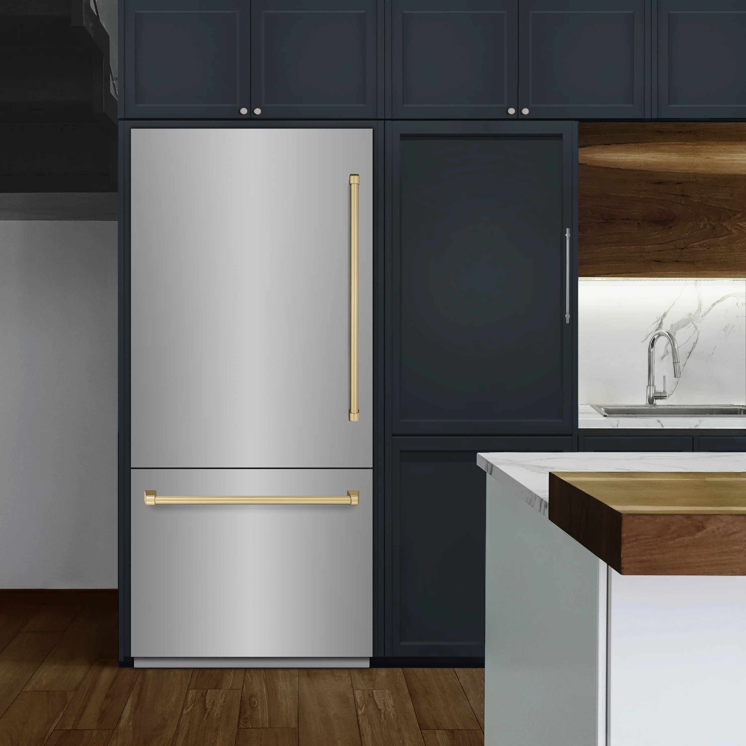 ZLINE Autograph Edition 36 in. 19.8 cu. ft. Built-In Bottom Freezer Refrigerator with Water Dispenser and Ice Maker in Stainless Steel with Champagne Bronze Accents (RBITZ-304-36CB) - Image 5