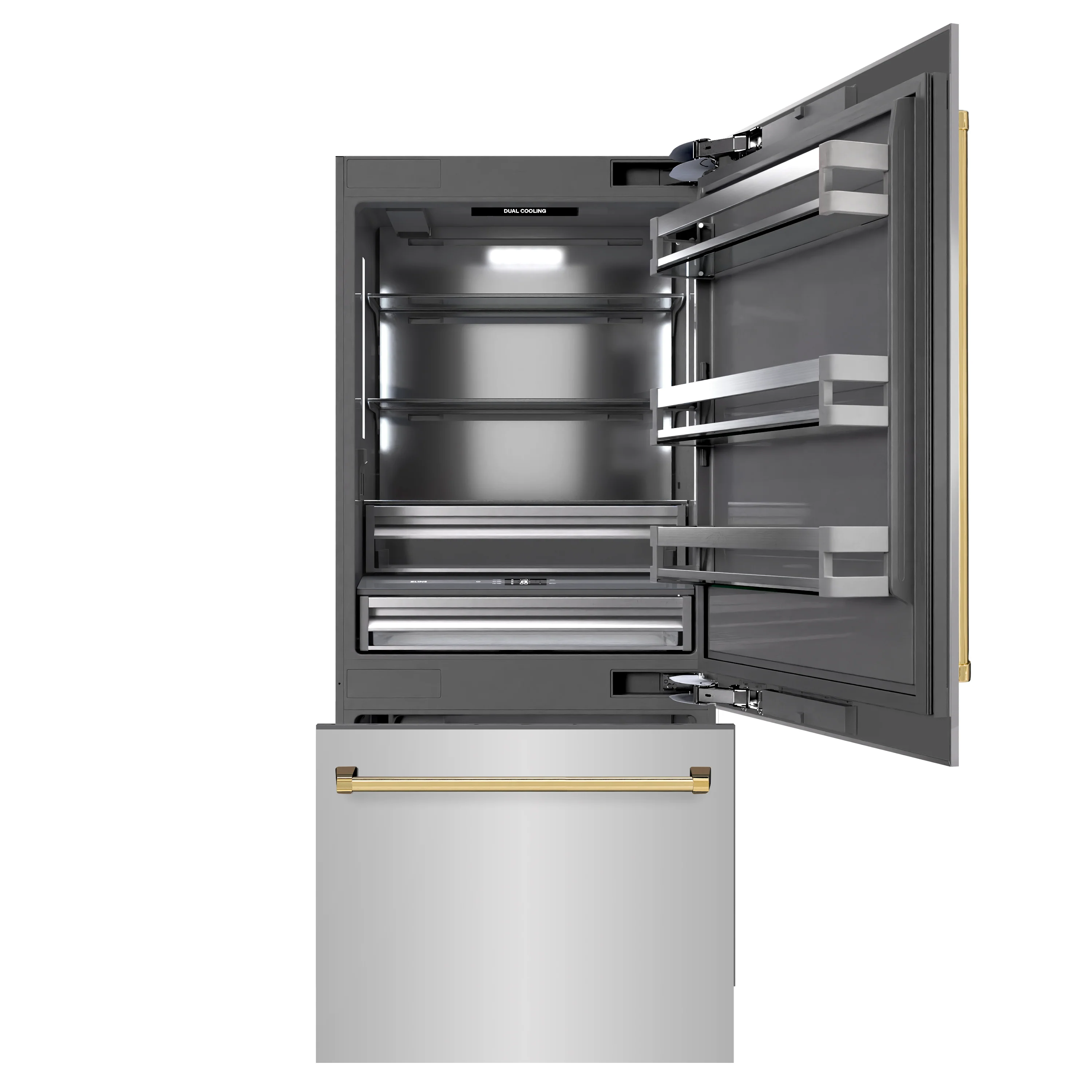 ZLINE Autograph Edition 36 in. 19.8 cu. ft. Built-In Bottom Freezer Refrigerator with Water Dispenser and Ice Maker in Stainless Steel with Graphite Gray Interior and Polished Gold Accents (GRBITZ-304-36G) - Image 4