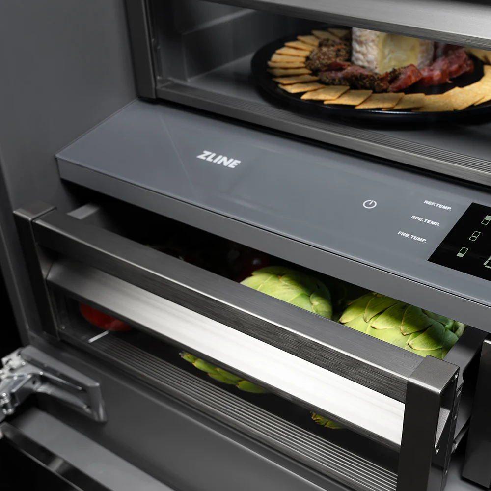 ZLINE Autograph Edition 36 in. 19.6 cu. ft. French Door Built-In Bottom Freezer Refrigerator with Water Dispenser and Ice Maker in Stainless Steel with Graphite Gray Interior and Polished Nickel Helix Handles (GRBIVZ-30436KPN) - Image 7
