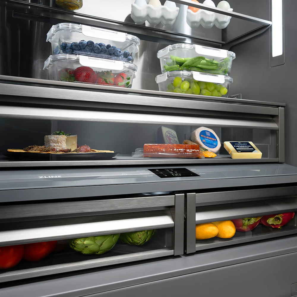 ZLINE Autograph Edition 36 in. 19.6 cu. ft. French Door Built-In Bottom Freezer Refrigerator with Water Dispenser and Ice Maker in Stainless Steel with Graphite Gray Interior and Polished Nickel Helix Handles (GRBIVZ-30436KPN) - Image 8