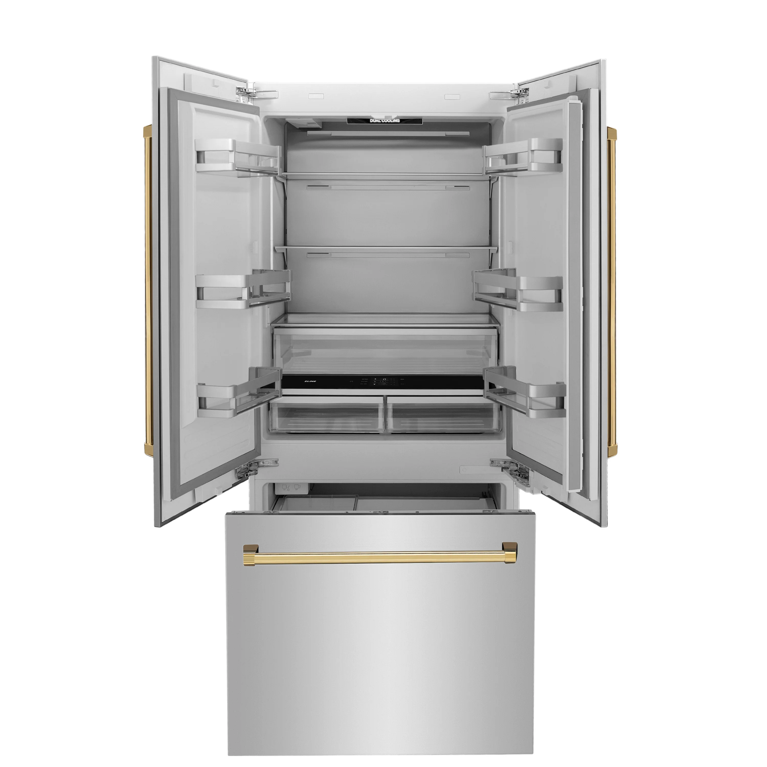 ZLINE Autograph Edition 36 in. 19.6 cu. ft. French Door Built-In Bottom Freezer Refrigerator with Water Dispenser and Ice Maker in Stainless Steel with Polished Gold Accents (RBIVZ-304-36-G) - Image 5