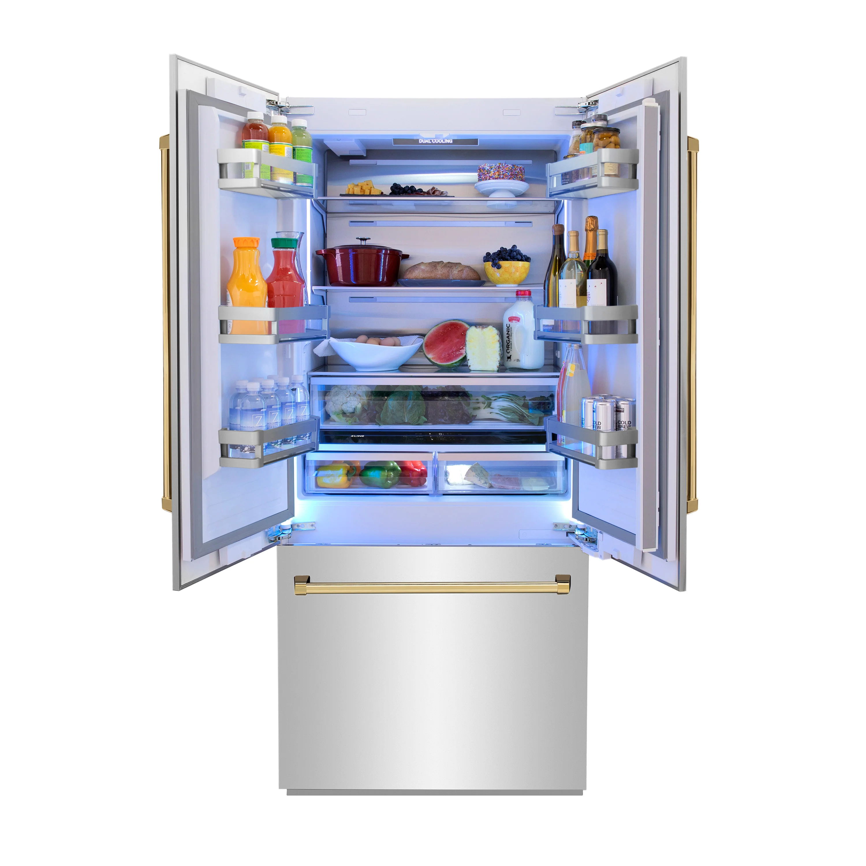ZLINE Autograph Edition 36 in. 19.6 cu. ft. French Door Built-In Bottom Freezer Refrigerator with Water Dispenser and Ice Maker in Stainless Steel with Polished Gold Accents (RBIVZ-304-36-G) - Image 6