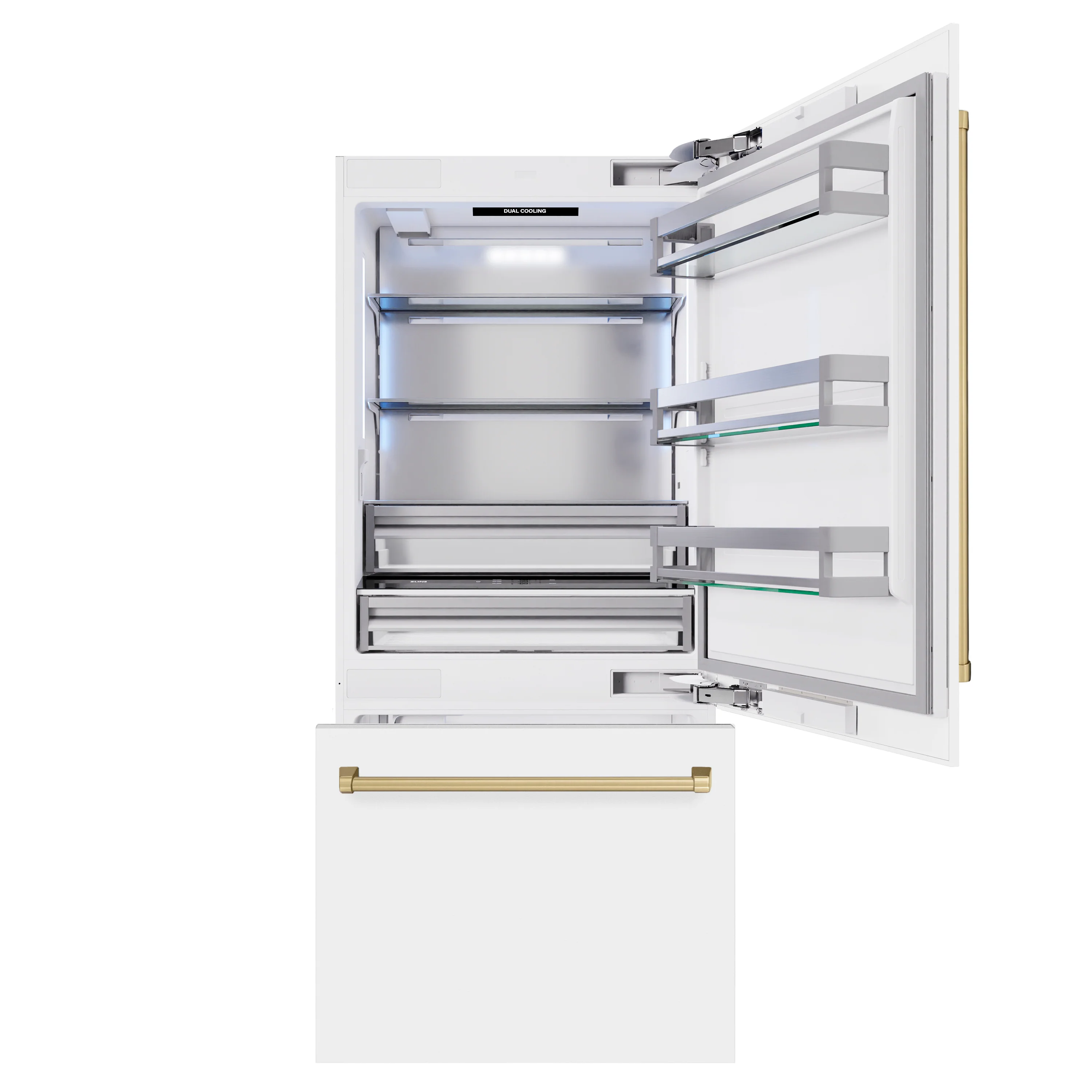 ZLINE Autograph Edition 36 in. 19.8 cu. ft. Built-In Bottom Freezer Refrigerator with Water Dispenser and Ice Maker in White Matte and Champagne Bronze Accents (RBITZ-WM-36-CB) - Image 4