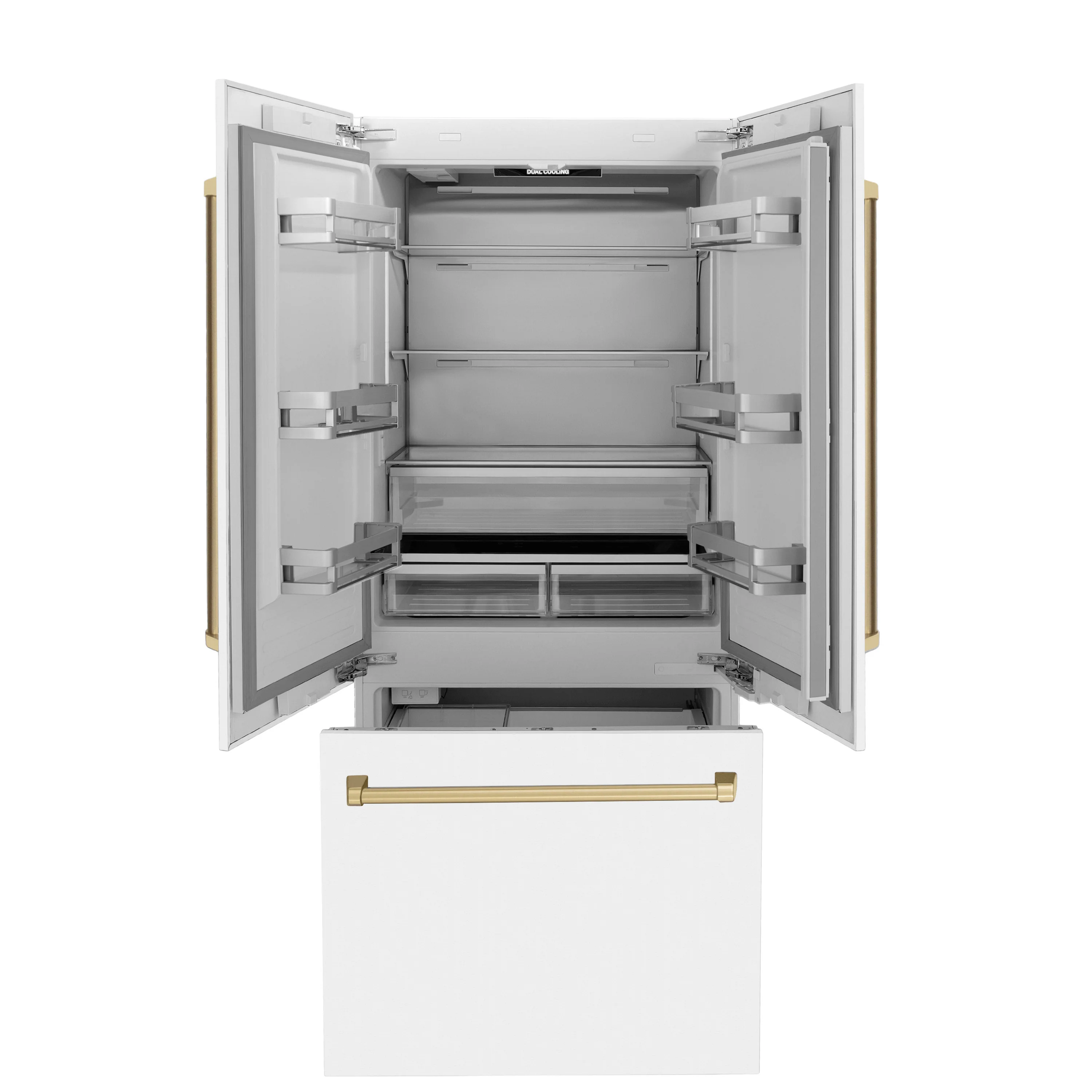 ZLINE Autograph Edition 36 in. 19.6 cu. ft. French Door Built-In Bottom Freezer Refrigerator with Water Dispenser and Ice Maker in White Matte with Champagne Bronze Accents (RBIVZ-WM-36-CB) - Image 4