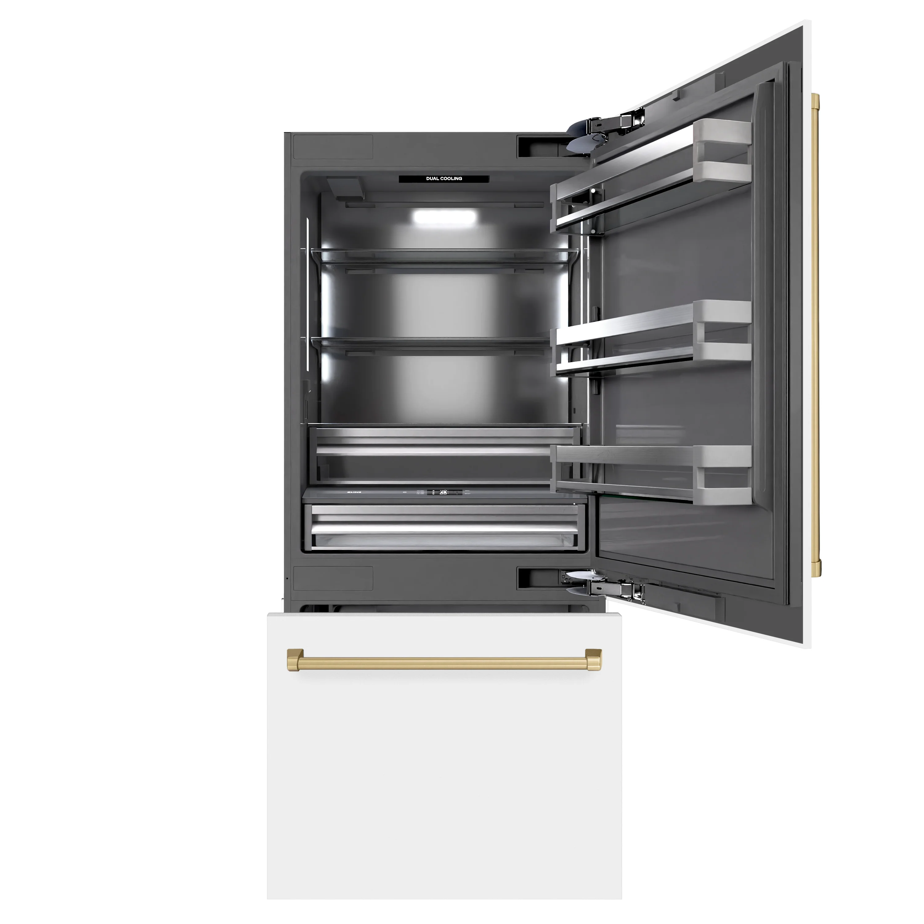 ZLINE Autograph Edition 36 in. 19.8 cu. ft. Built-In Bottom Freezer Refrigerator with Water Dispenser and Ice Maker in White Matte with Graphite Gray Interior and Champagne Bronze Accents (GRBITZ-WM-36-CB) - Image 4