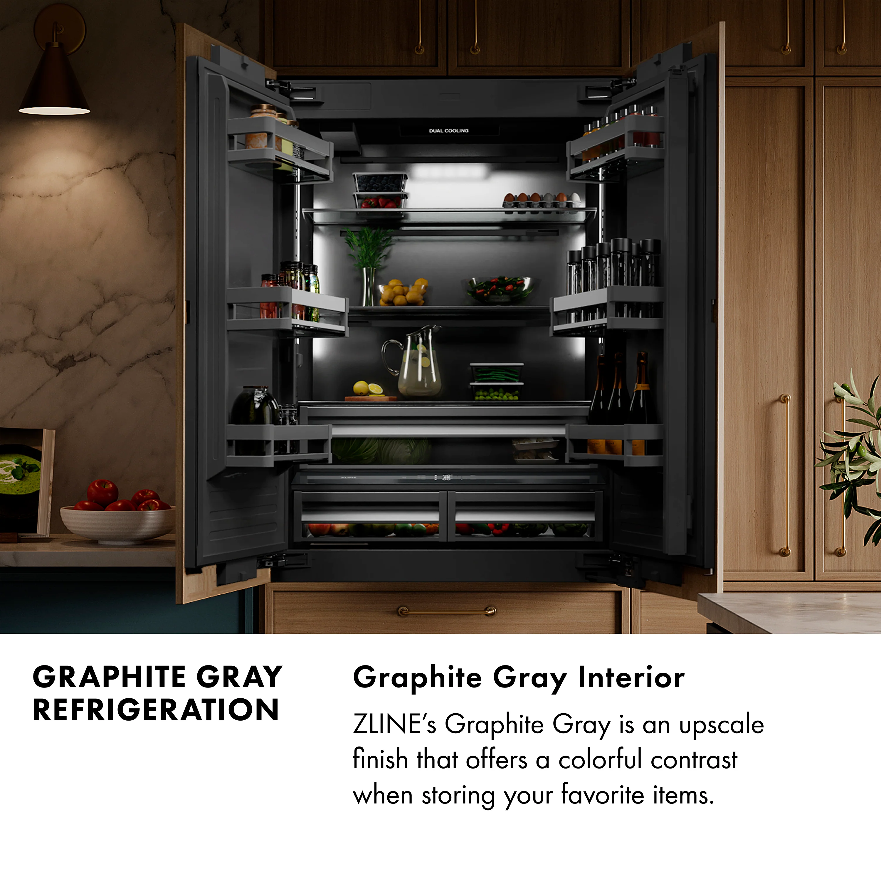 ZLINE Autograph Edition 36 in. 19.6 cu. ft. French Door Built-In Bottom Freezer Refrigerator with Water Dispenser and Ice Maker in White Matte with Graphite Gray Interior and Champagne Bronze Accents (GRBIVZ-WM-36-CB) - Image 16
