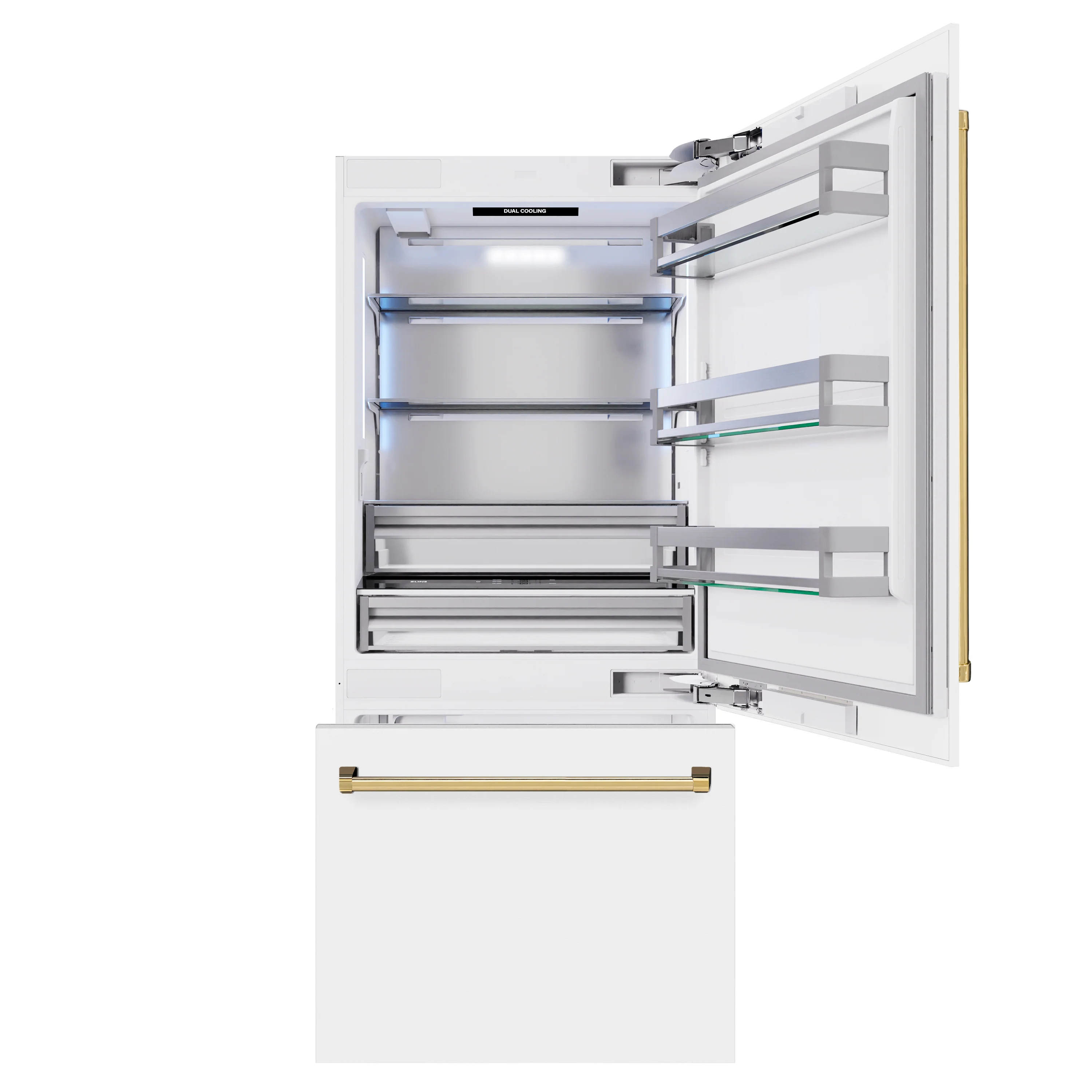 ZLINE Autograph Edition 36 in. 19.8 cu. ft. Built-In Bottom Freezer Refrigerator with Water Dispenser and Ice Maker in White Matte and Polished Gold Accents (RBITZ-WM-36-G) - Image 3