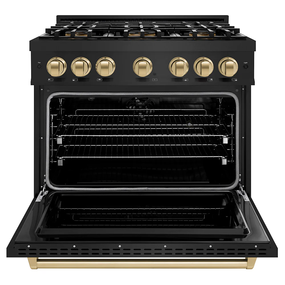 ZLINE Autograph Edition 36 in. 5.2 cu. ft. Classic Dual Fuel Range with 6 Burner DuoPro™ Cooktop and Electric Convection Oven in Black Stainless Steel and Champagne Bronze Accents (PCDRBZ-36-CB) - Image 8