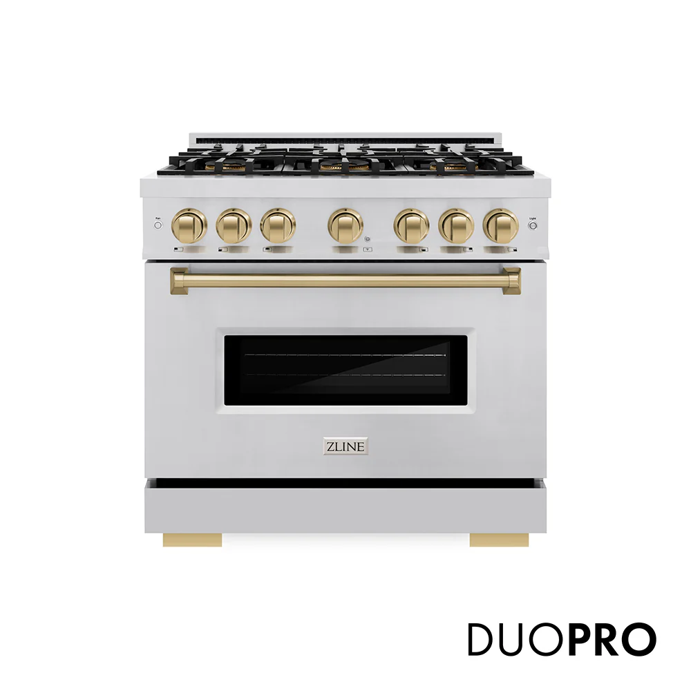 ZLINE Autograph Edition 36 in. 5.2 cu. ft. Classic Dual Fuel Range with 6 Burner DuoPro™ Cooktop and Electric Convection Oven in Stainless Steel and Champagne Bronze Accents (PCDRZ-36-CB)