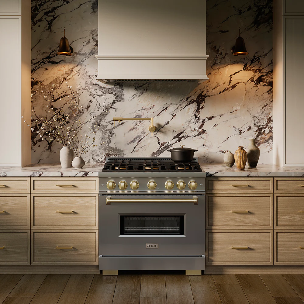 ZLINE Autograph Edition 36 in. 5.2 cu. ft. Classic Dual Fuel Range with 6 Burner DuoPro™ Cooktop and Electric Convection Oven in Stainless Steel and Champagne Bronze Accents (PCDRZ-36-CB) - Image 21